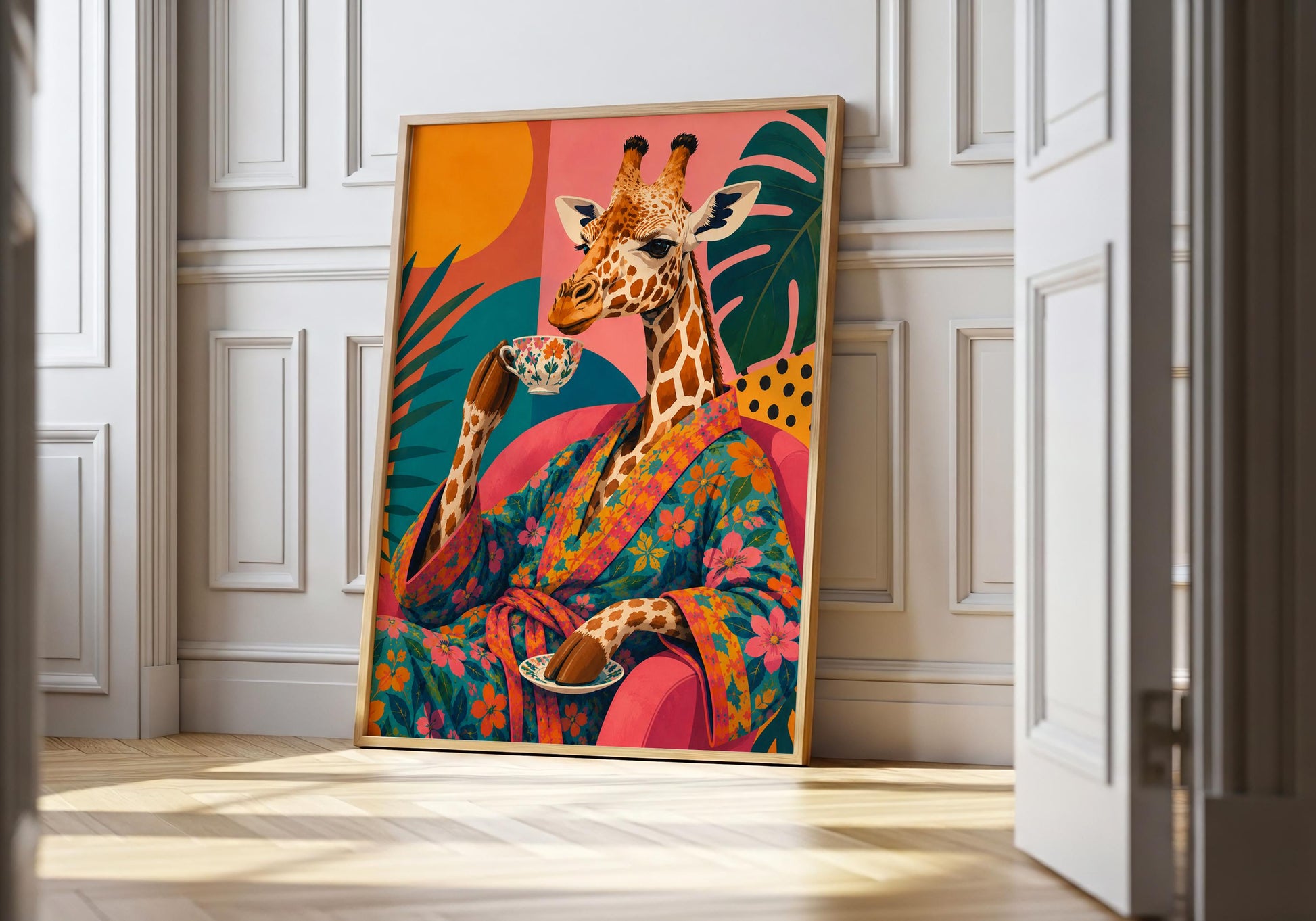 Maximalist wall art featuring a colourful giraffe in a floral robe holding a teacup.