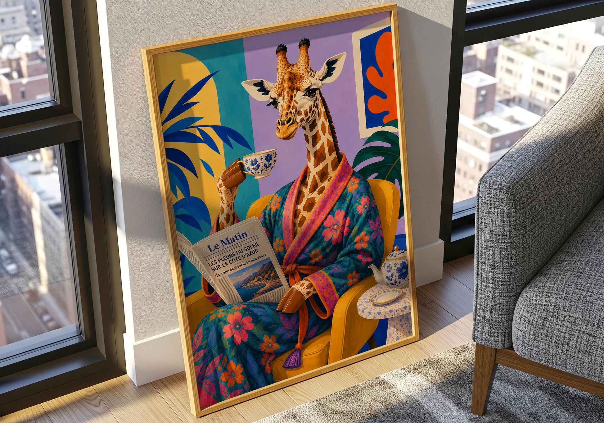 Tea lover wall art featuring a giraffe enjoying a peaceful morning with a newspaper.