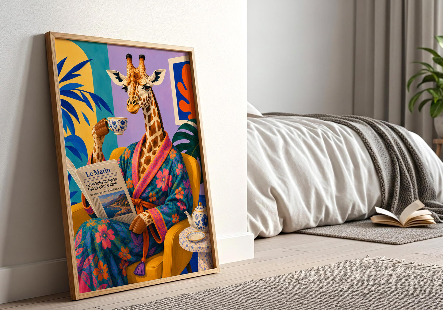 Chic giraffe poster with tea set and newspaper for eclectic home decor.