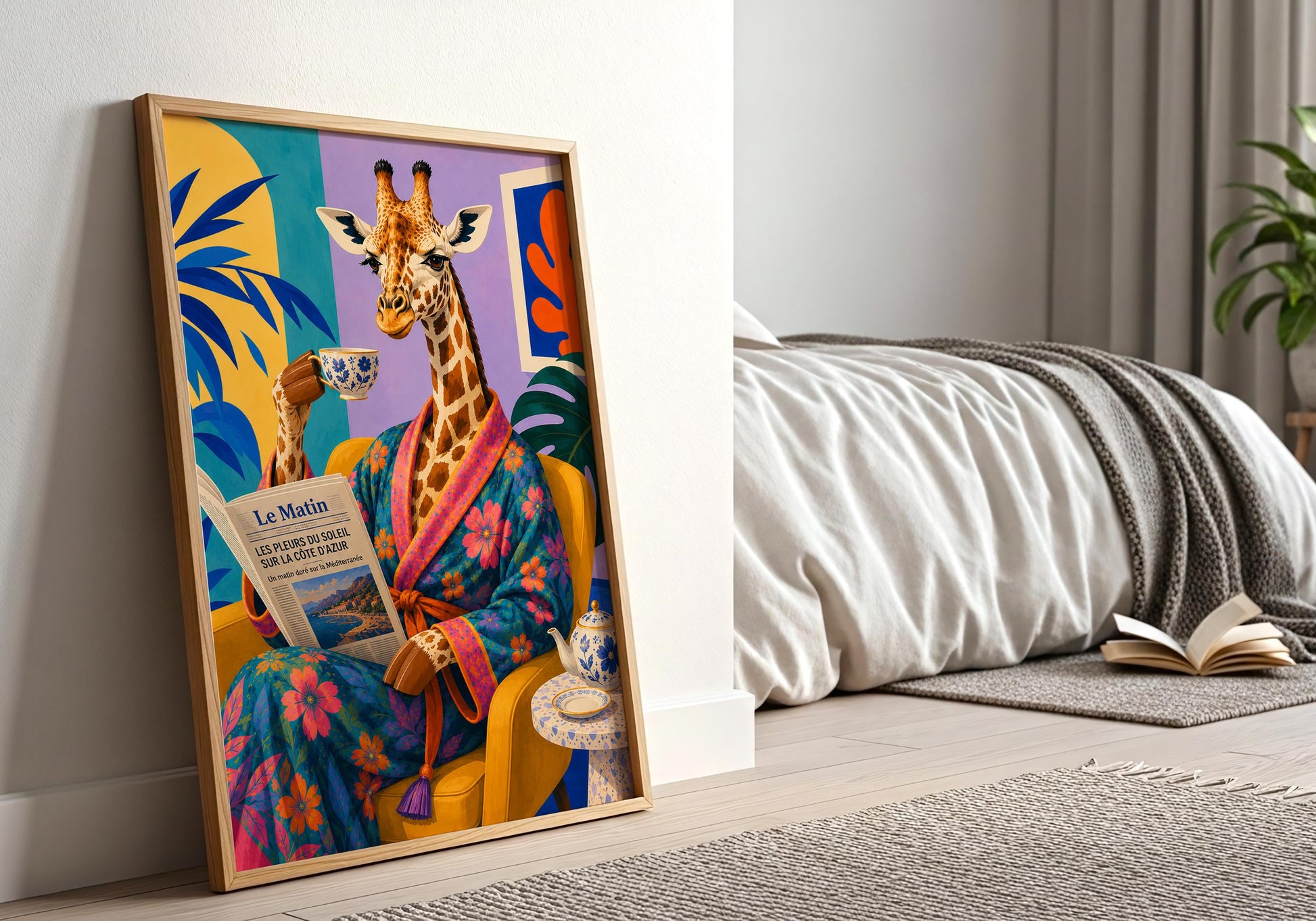 Chic giraffe poster with tea set and newspaper for eclectic home decor.