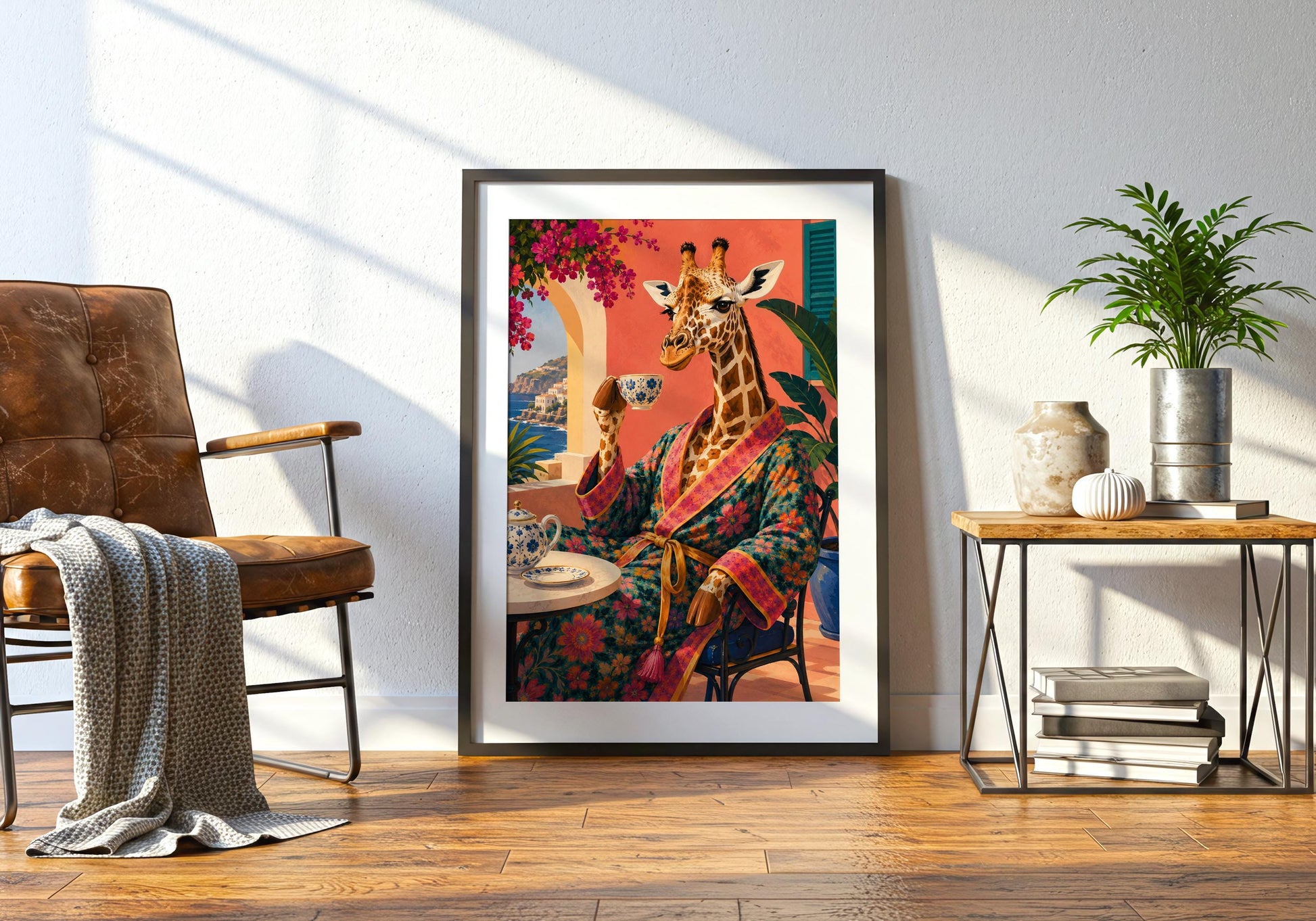 Italian coastal decor featuring a floral robe, teapot and vibrant terrace scene.