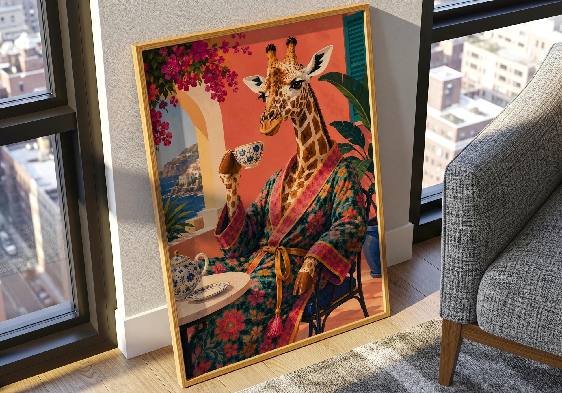 Coastal home decor with elegant giraffe enjoying tea surrounded by bougainvillea.