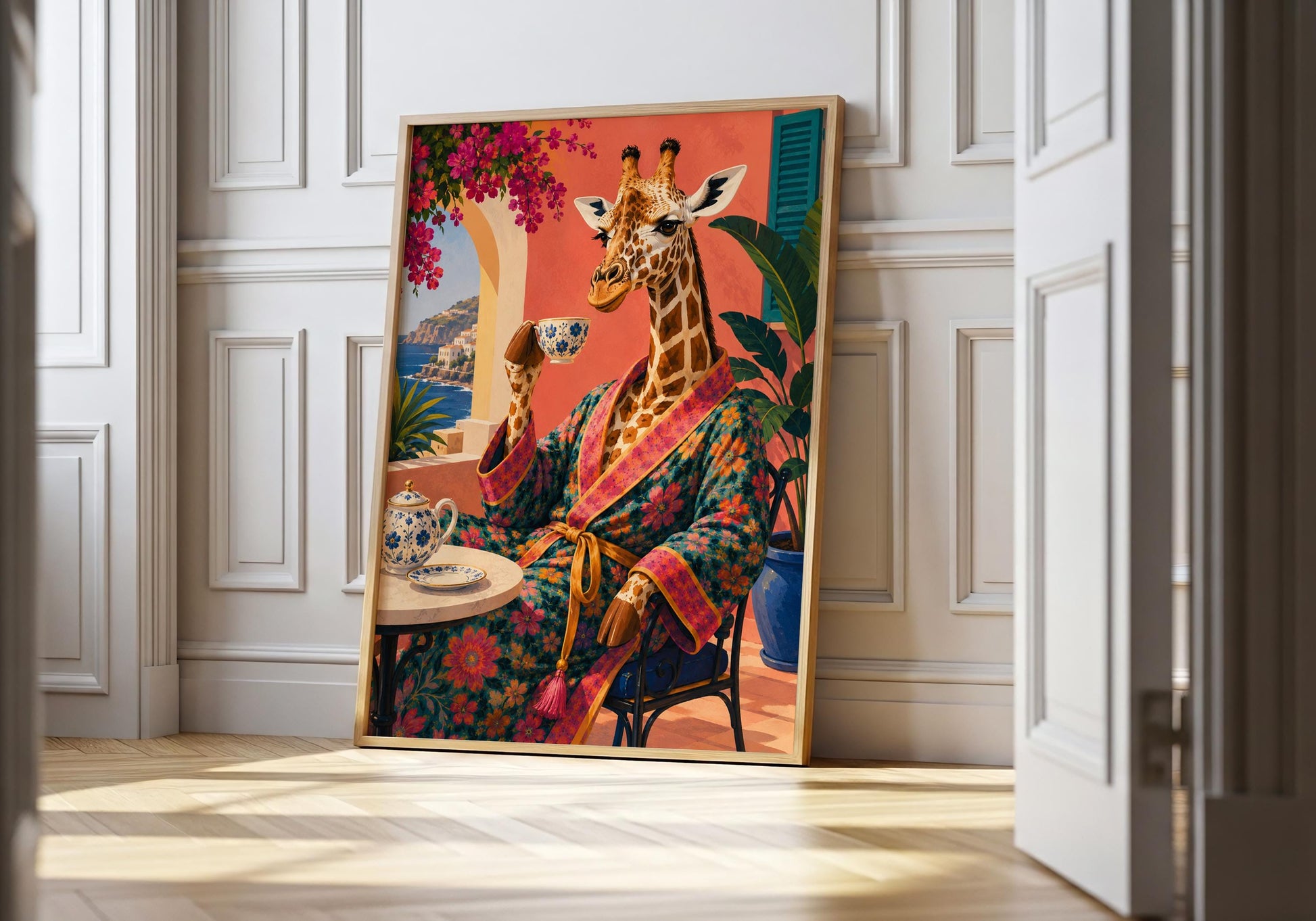 Mediterranean wall art featuring a giraffe enjoying tea on a sunny coastal terrace.