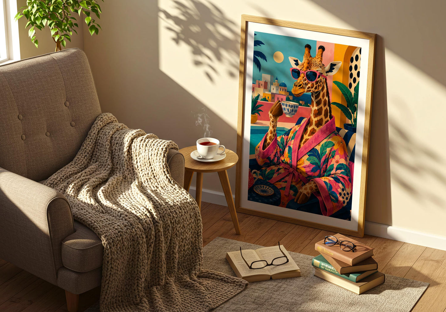Resort style animal wall art featuring a fashionable giraffe enjoying coffee by the pool.