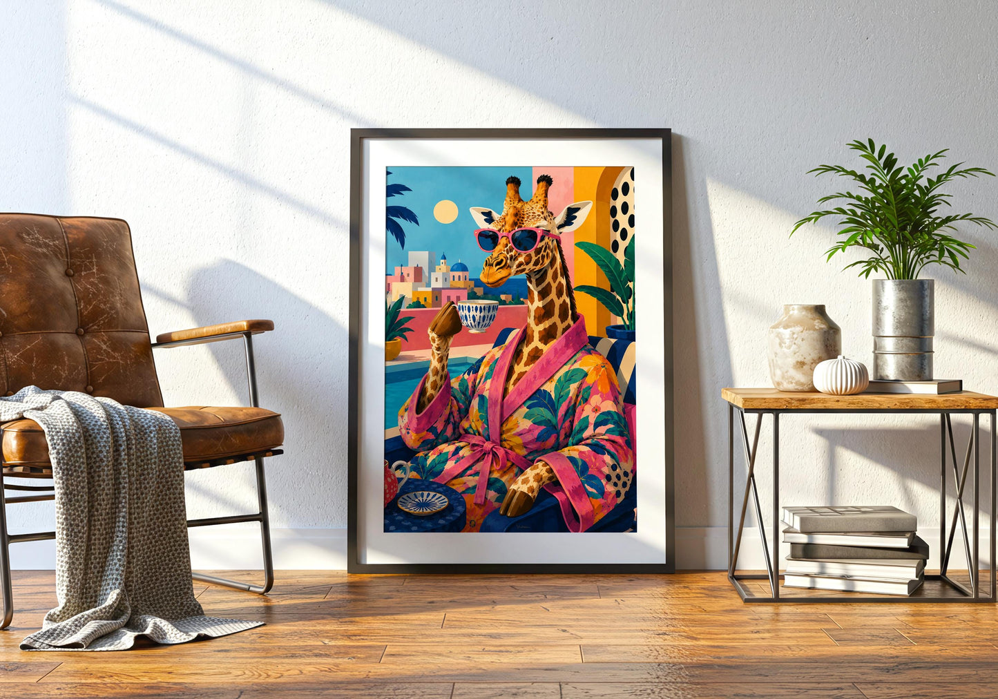 Maximalist giraffe print with vibrant pink, turquoise and tropical botanical details.