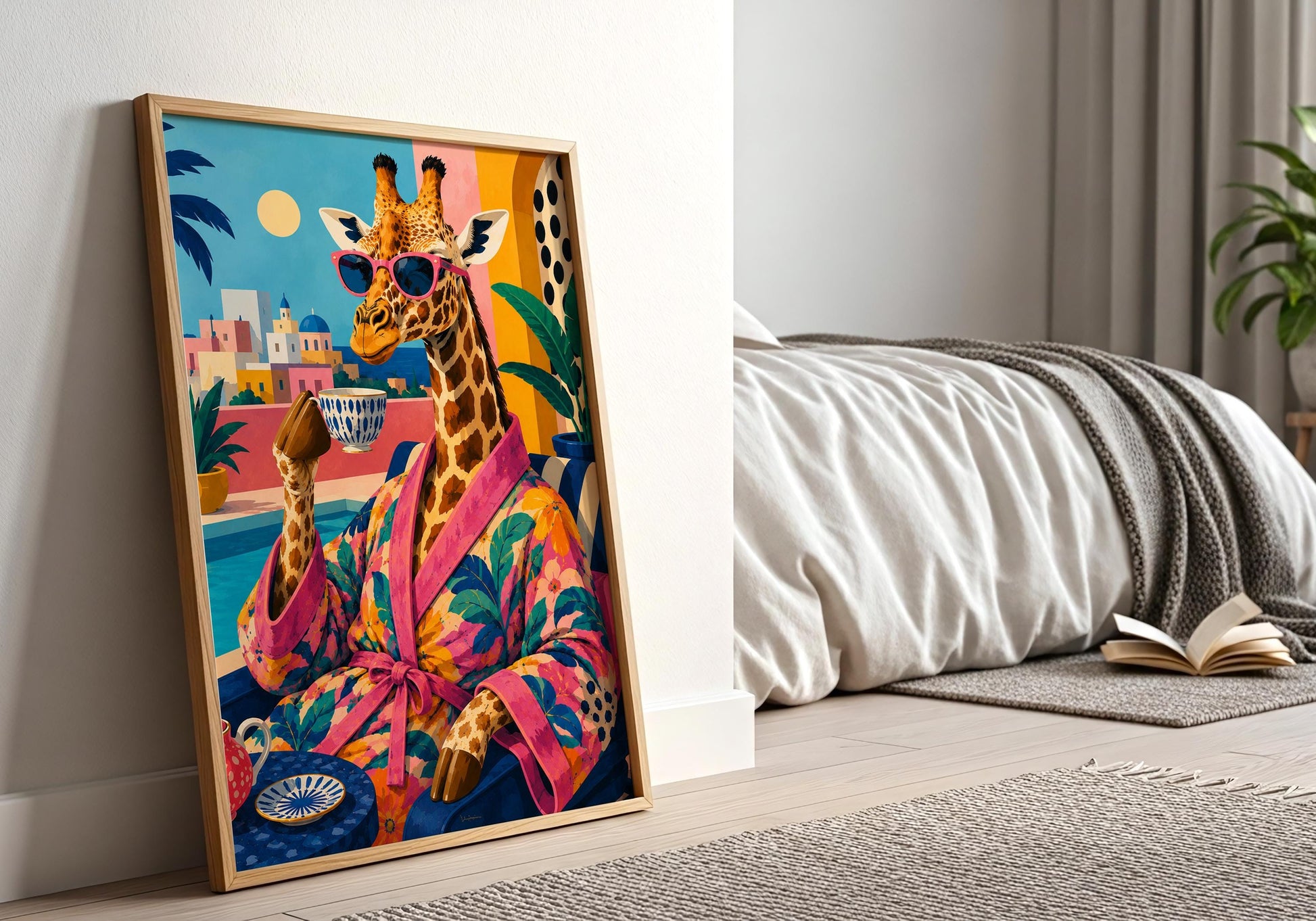 Eclectic giraffe artwork perfect for gallery walls, home offices and modern living spaces.
