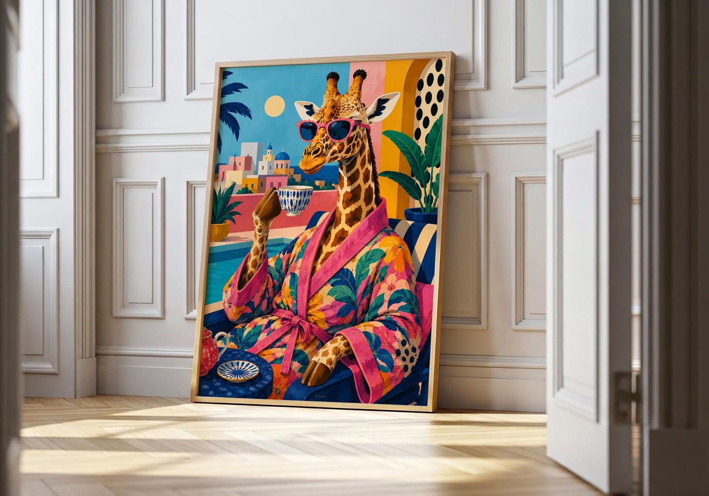 Colourful giraffe wall art featuring a giraffe wearing sunglasses and sipping coffee beside a swimming pool.