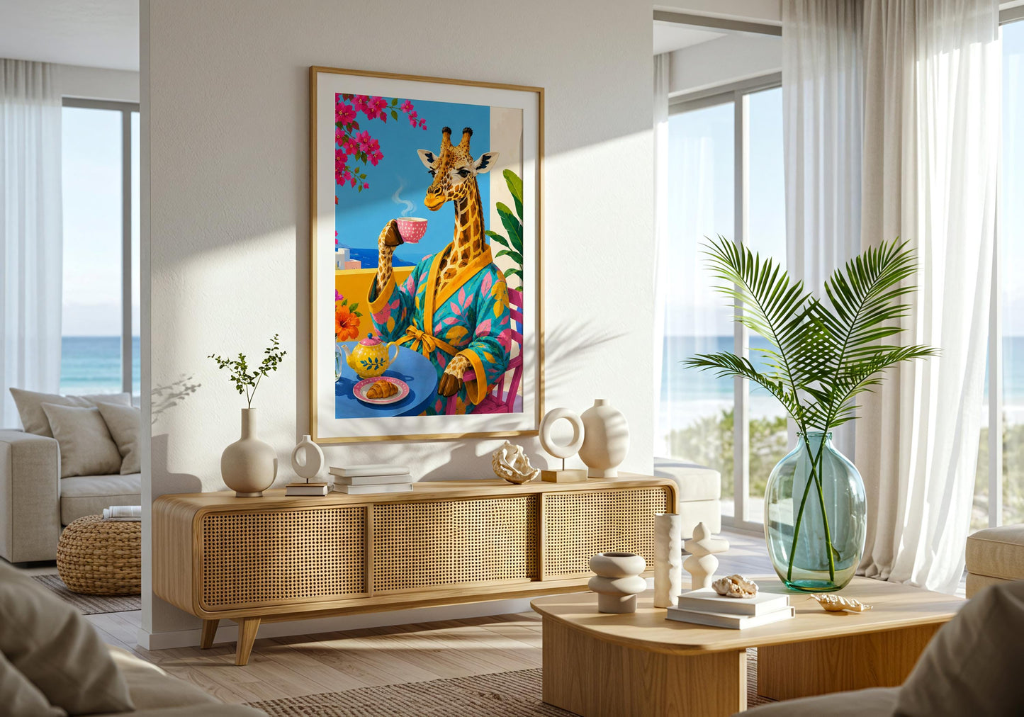 Tea lover wall art with colourful giraffe illustration and sunny coastal backdrop.