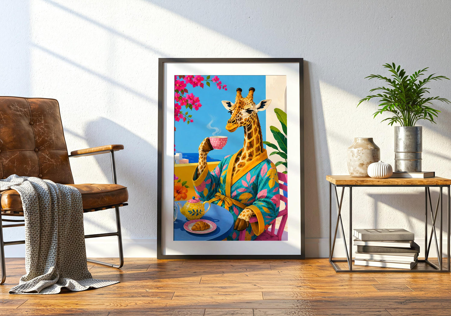 Kitchen wall art featuring a whimsical giraffe, teapot and breakfast table.