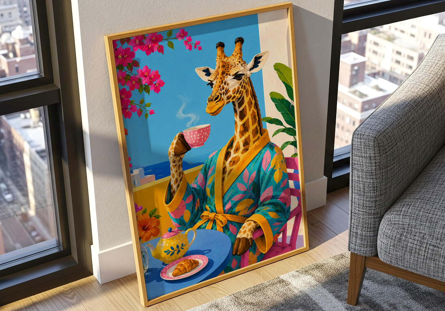 Coffee bar wall art featuring a giraffe in a tropical robe enjoying a relaxing morning.