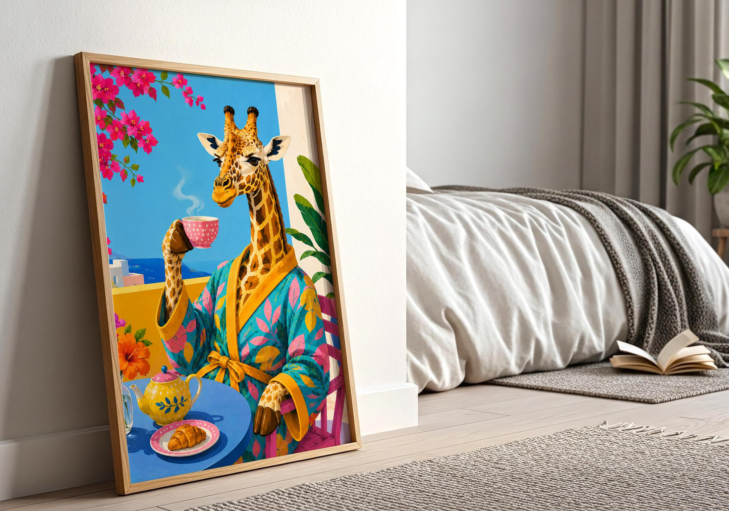 Eclectic kitchen decor featuring a giraffe sipping coffee on a Mediterranean balcony.