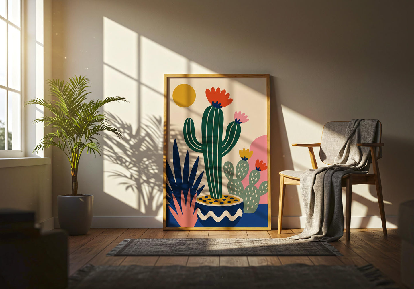 Minimalist botanical print displaying a colorful cactus, succulents, and abstract desert elements for modern home decoration.