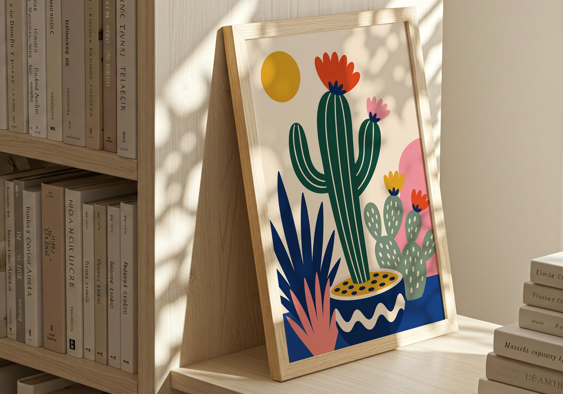 Southwest-inspired cactus artwork with blooming cactus flowers, decorative planter, and contemporary minimalist desert design.