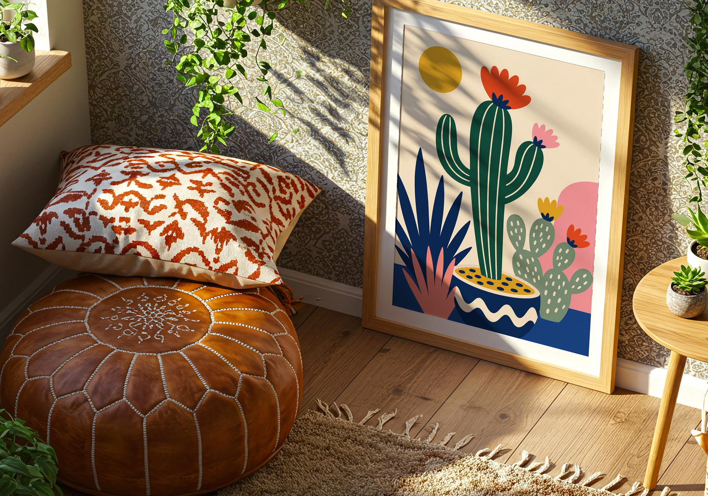 Boho cactus wall decor featuring vibrant desert plants, geometric shapes, and colorful botanical illustration in a modern style.