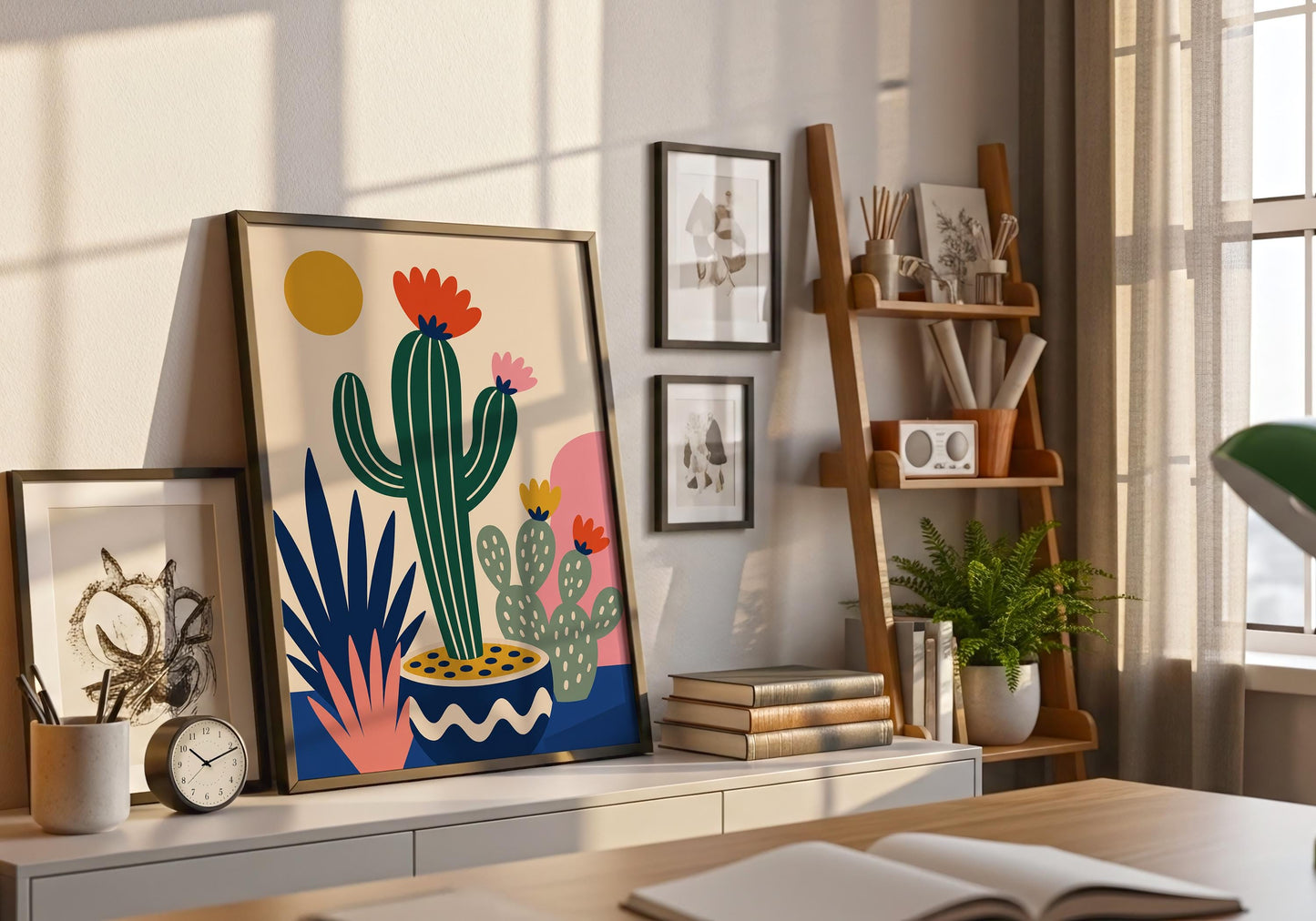 Decorative cactus art print with colorful desert plants, blooming flowers, and modern botanical illustration for stylish interior spaces.