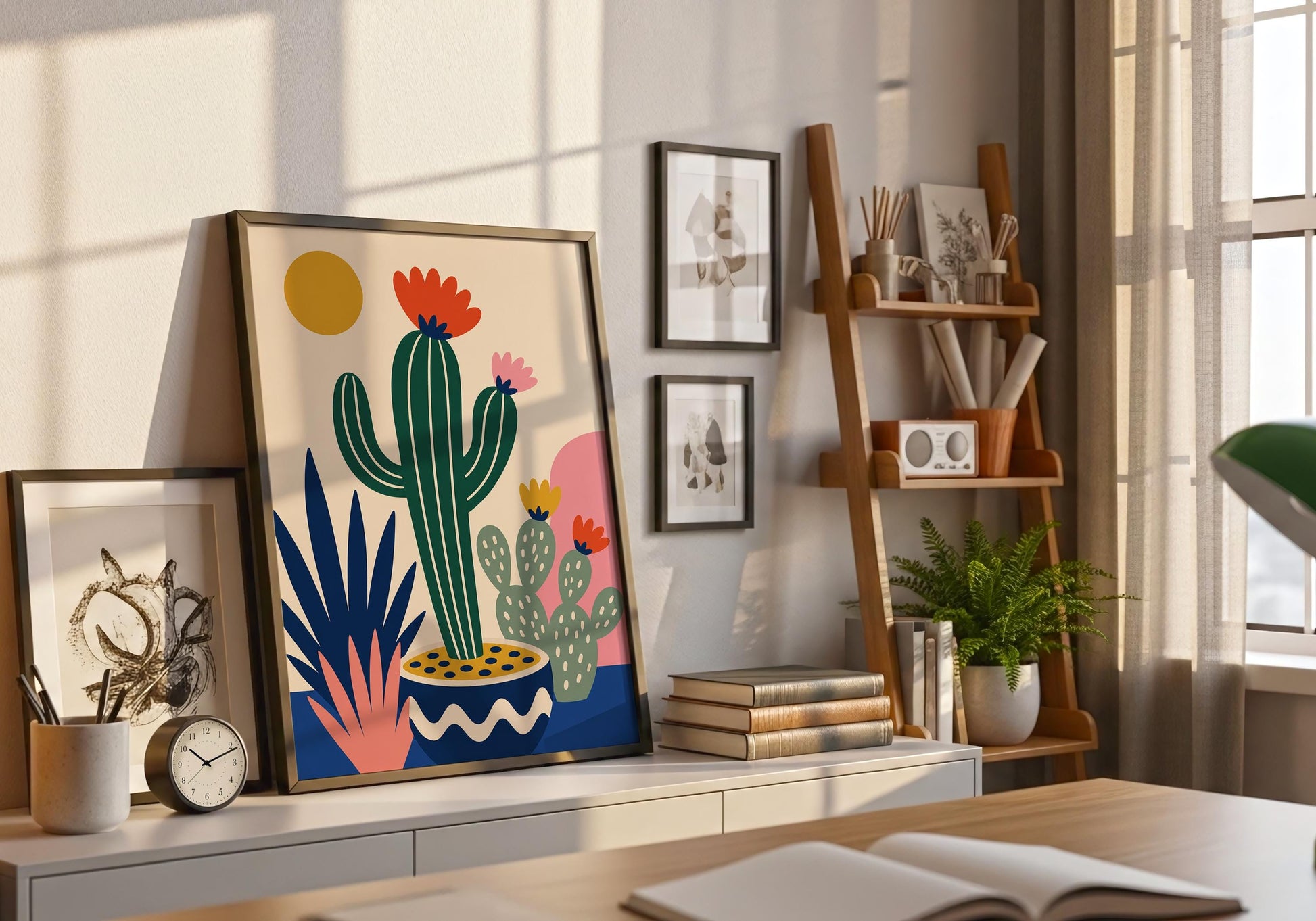 Decorative cactus art print with colorful desert plants, blooming flowers, and modern botanical illustration for stylish interior spaces.