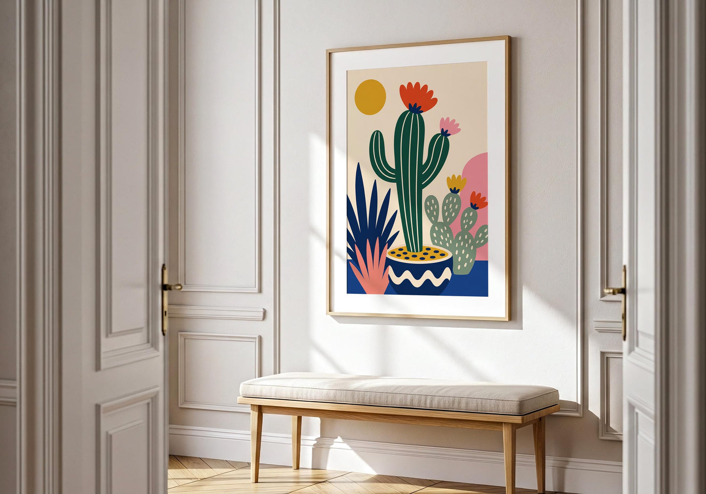 Abstract botanical wall print featuring a vibrant cactus, desert succulents, and minimalist Scandinavian home decor aesthetic.