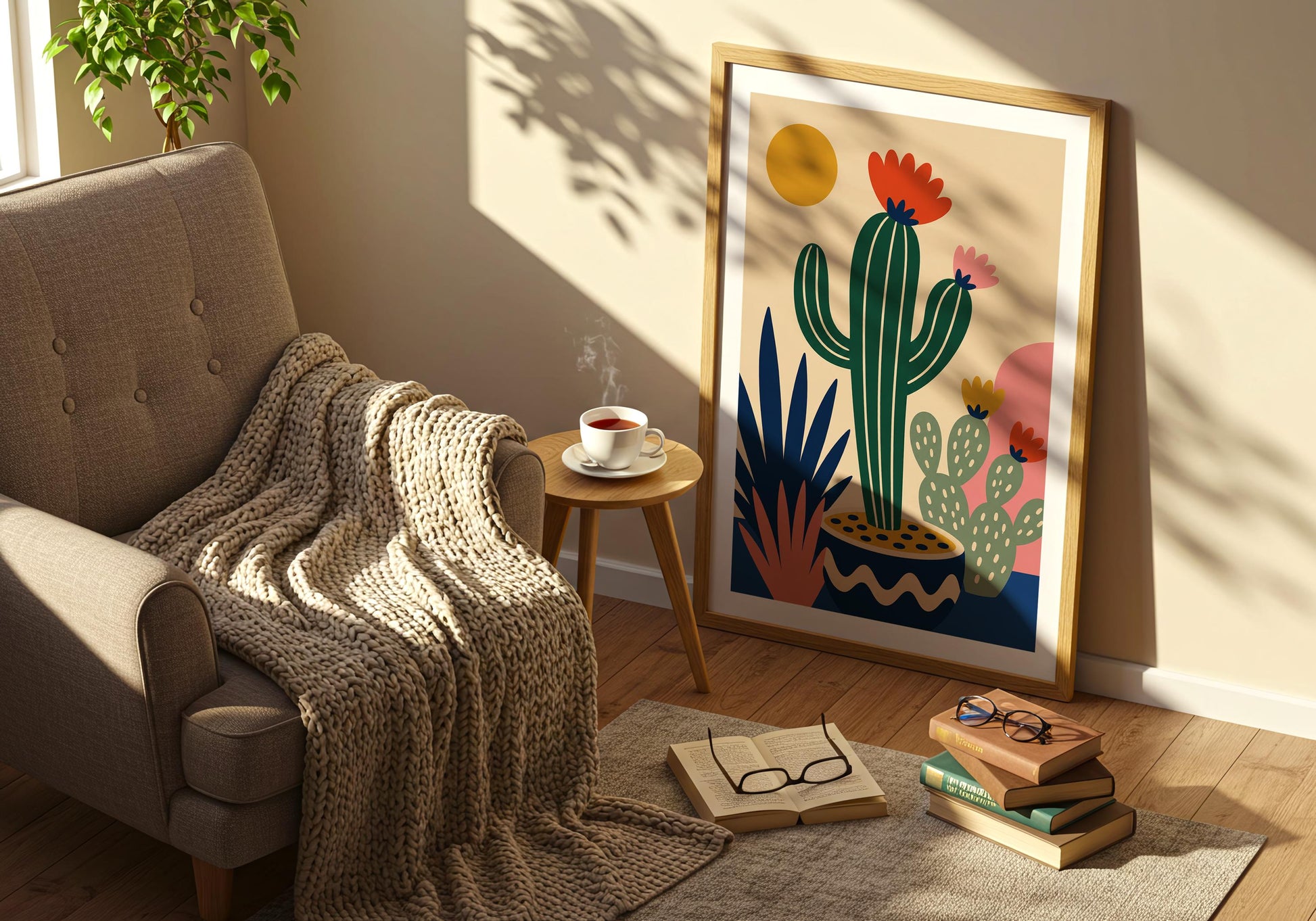 Colorful desert wall art with green cactus illustration, blooming flowers, and Scandinavian-inspired plant decor for bedroom or office.