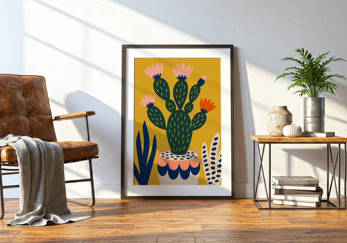 Mexican folk art cactus poster with colourful desert plants and minimalist botanical design.