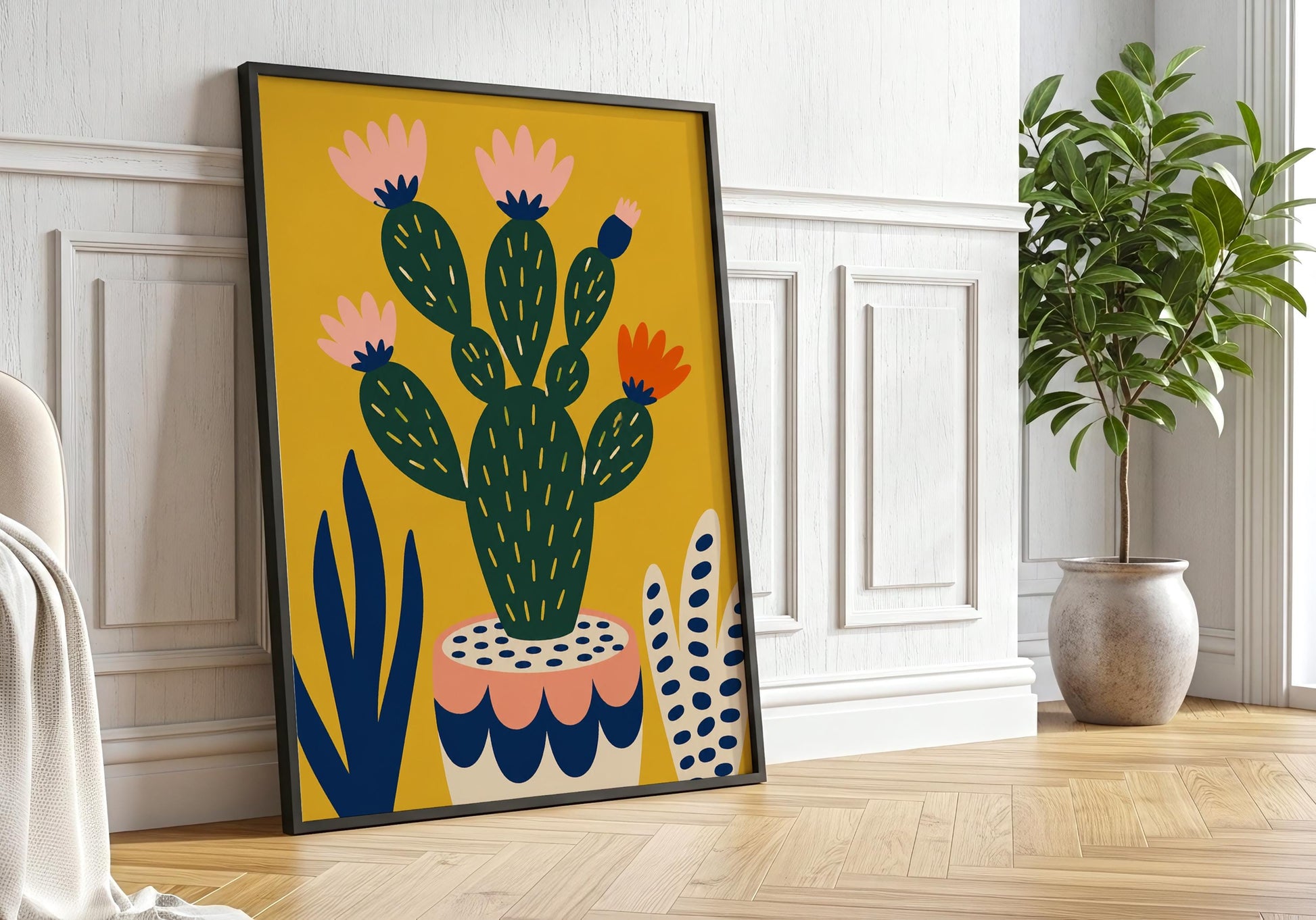Botanical wall art showcasing a flowering prickly pear cactus in a decorative ceramic planter.