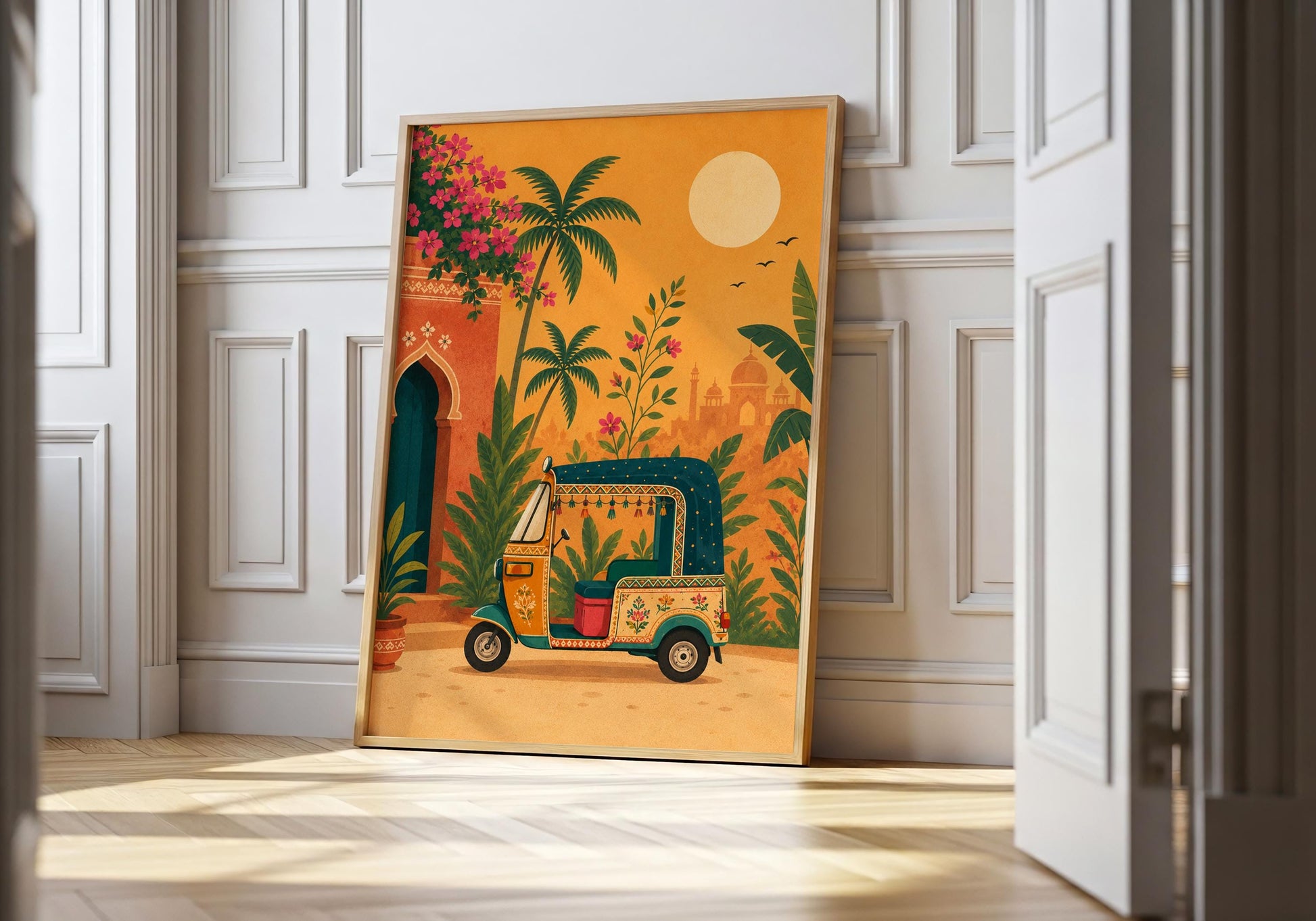 Indian travel wall art showcasing a vibrant tuk tuk in a tropical botanical landscape.