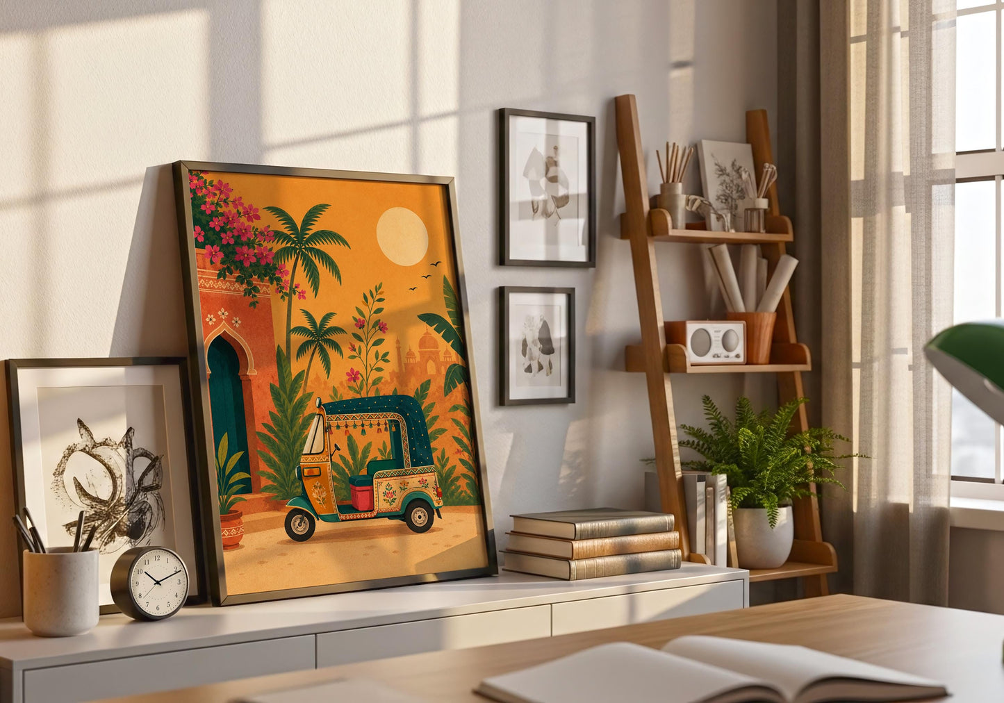 South Asian travel poster with colourful botanical details and iconic Indian architecture.