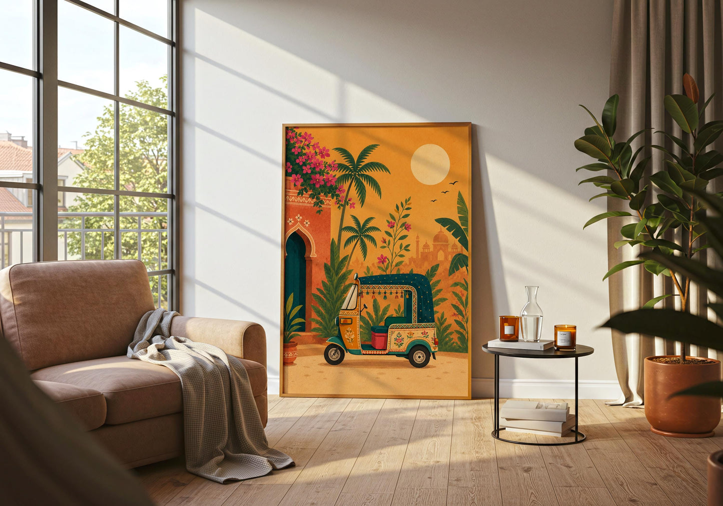 Tropical India artwork featuring palm trees, flowering plants, and a traditional auto rickshaw.