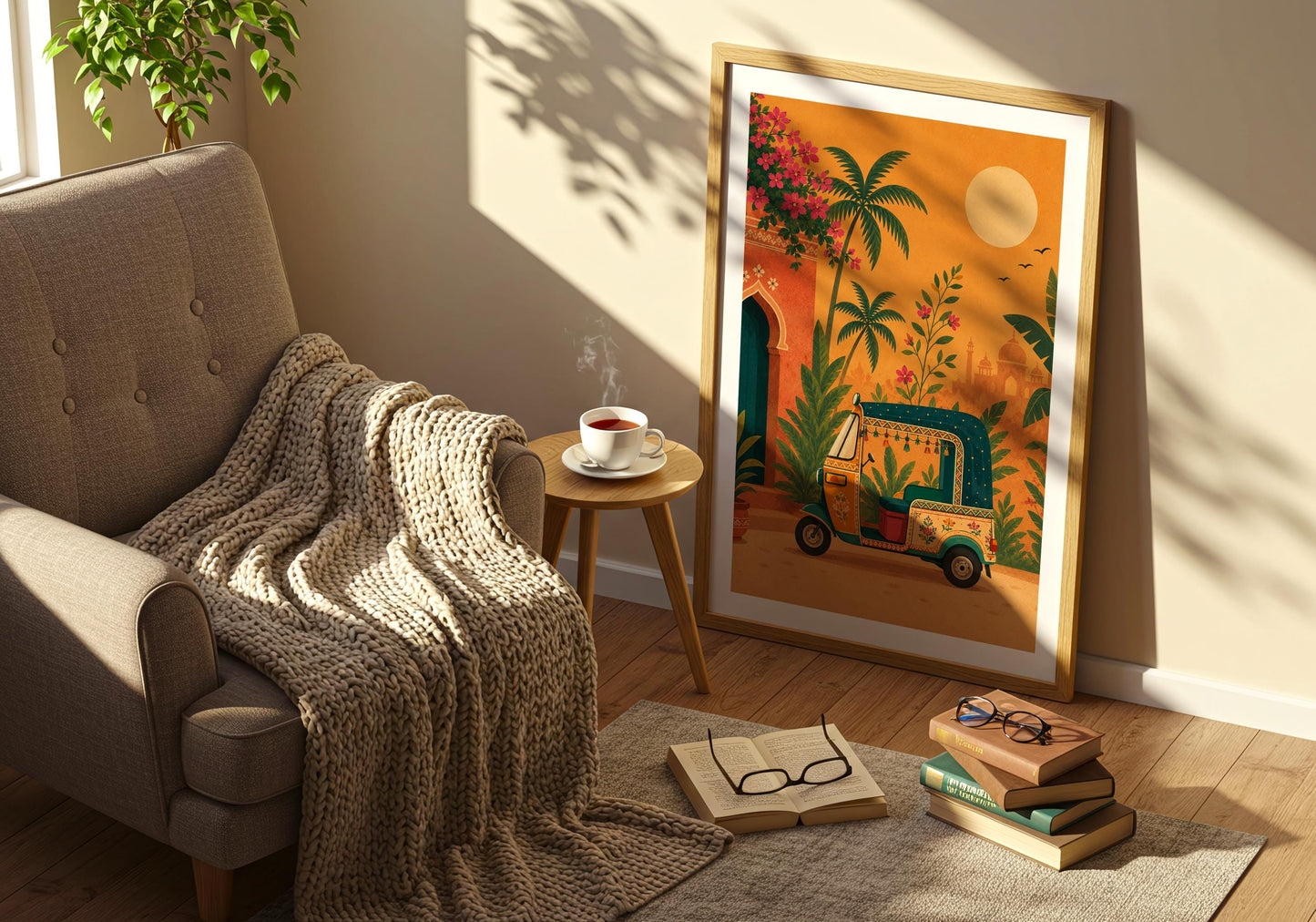 Jaipur-inspired poster featuring an ornate auto rickshaw and warm golden sunset colours.
