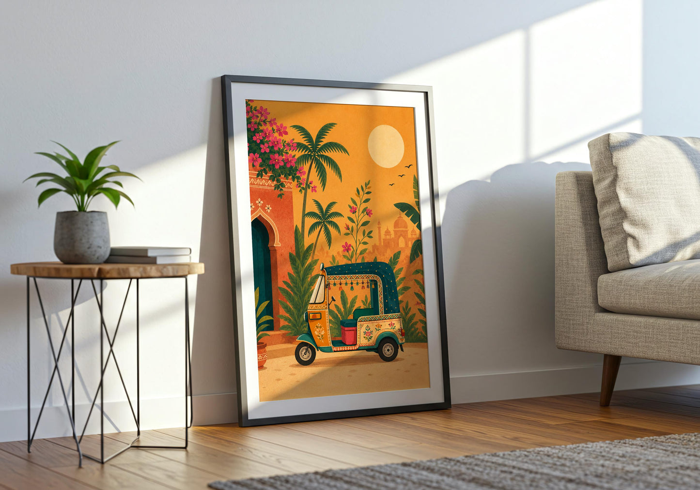 Boho travel print with Indian architecture, lush greenery, and a colourful tuk tuk illustration.
