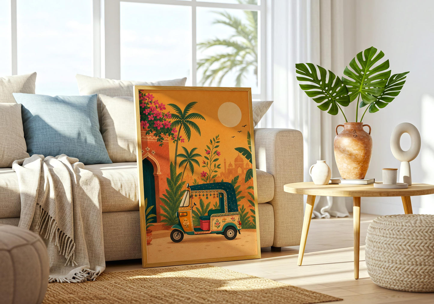 Wanderlust wall art celebrating India's colourful culture with a decorative tuk tuk scene.