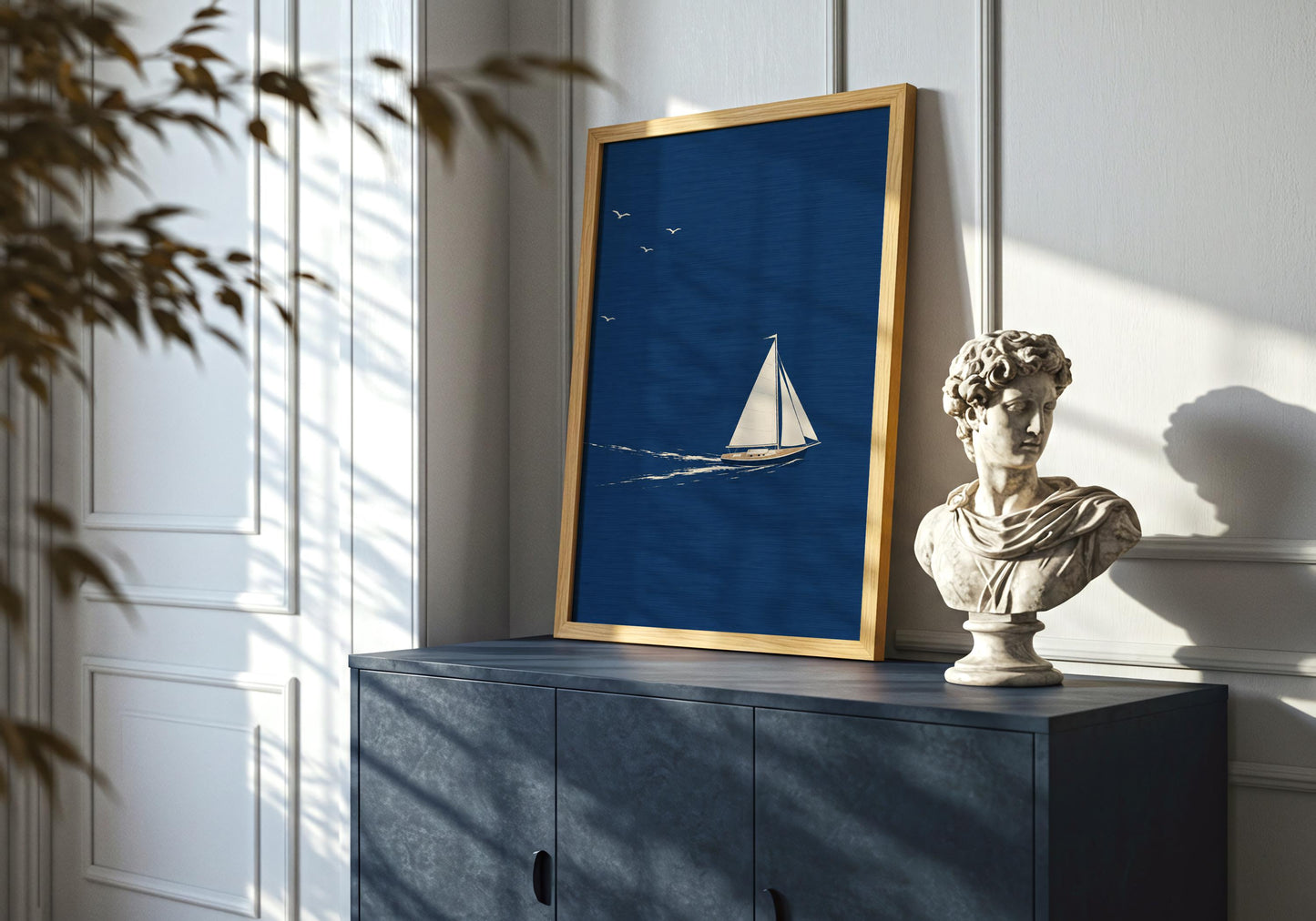 Minimalist yacht artwork perfect for coastal homes, offices, and beach-inspired interiors.