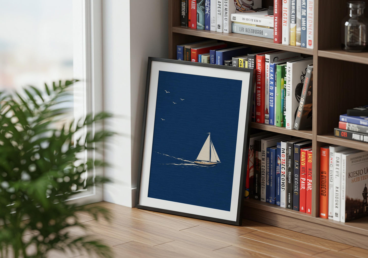 Modern nautical artwork showcasing a sailing yacht on a peaceful ocean with birds overhead.