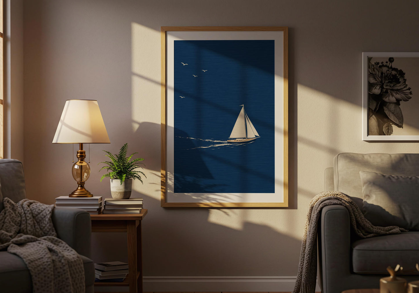 Contemporary coastal artwork inspired by sailing, open seas, and minimalist design.