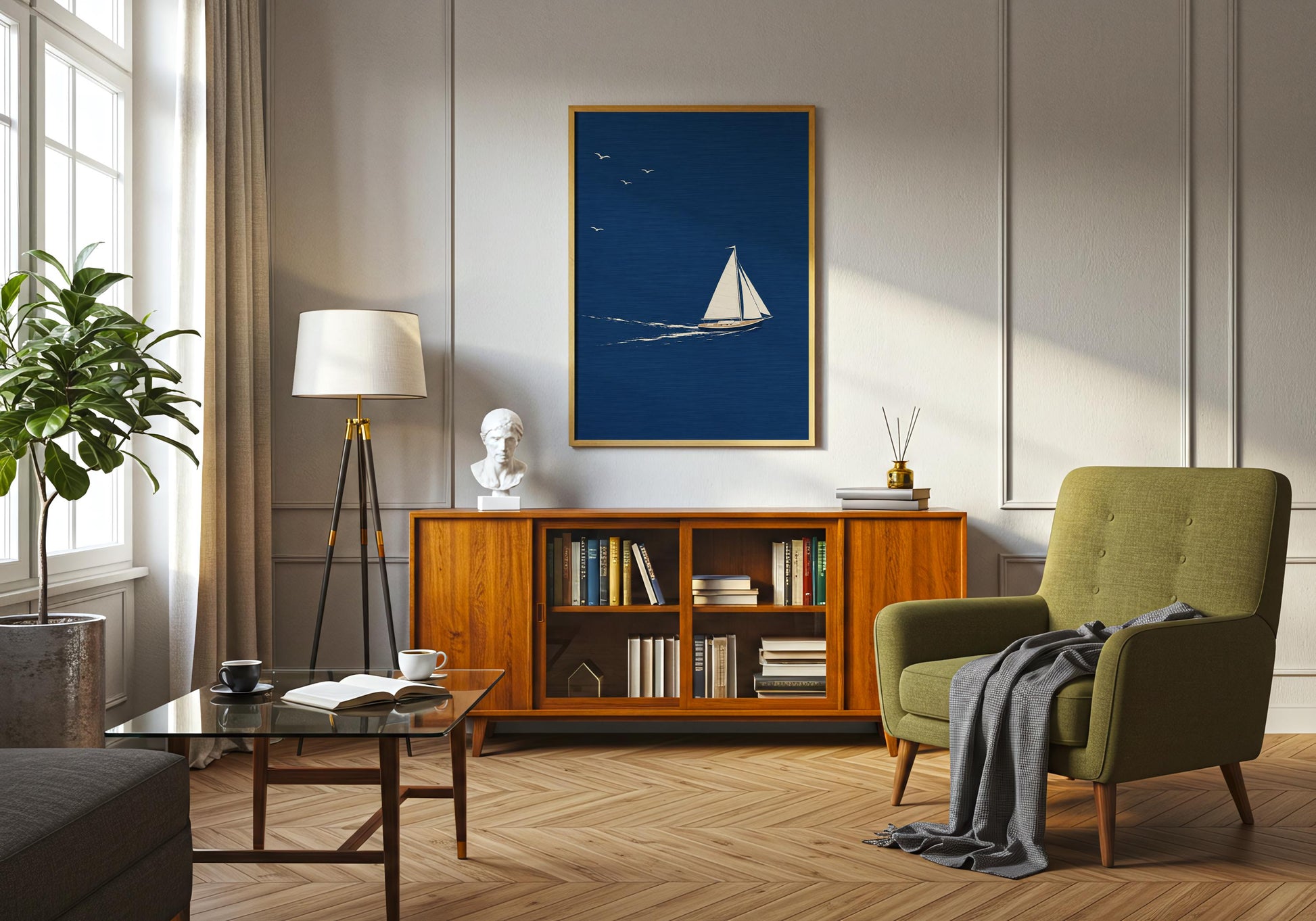 Scandinavian coastal wall art with a simple white sailboat against a rich blue sea.