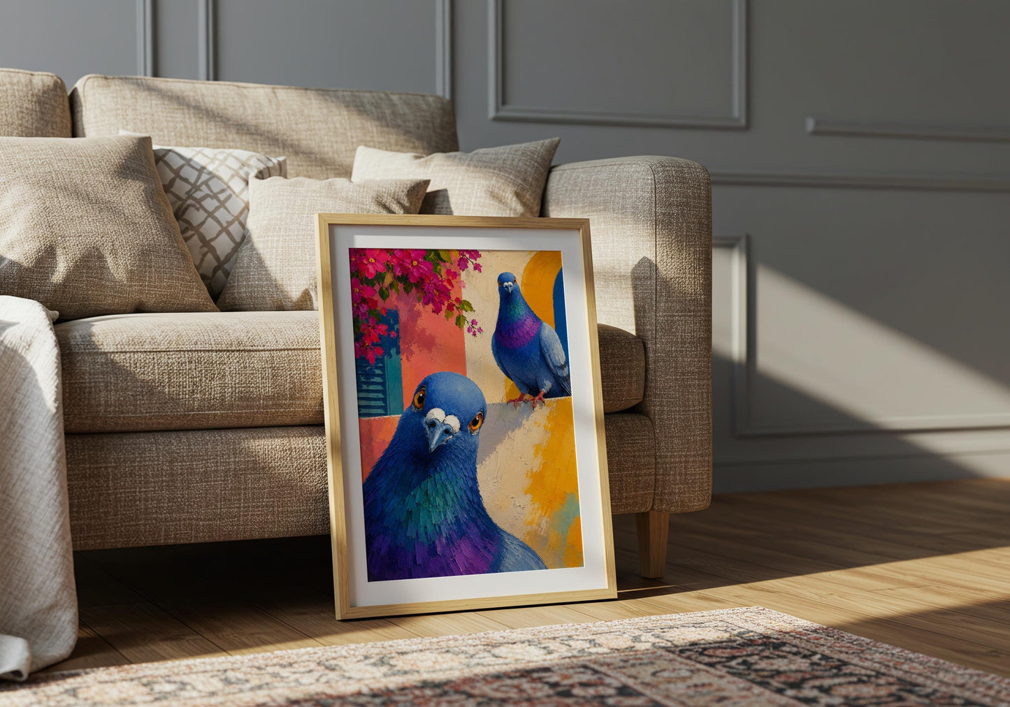 Italian street art print featuring two pigeons in a colourful coastal setting.