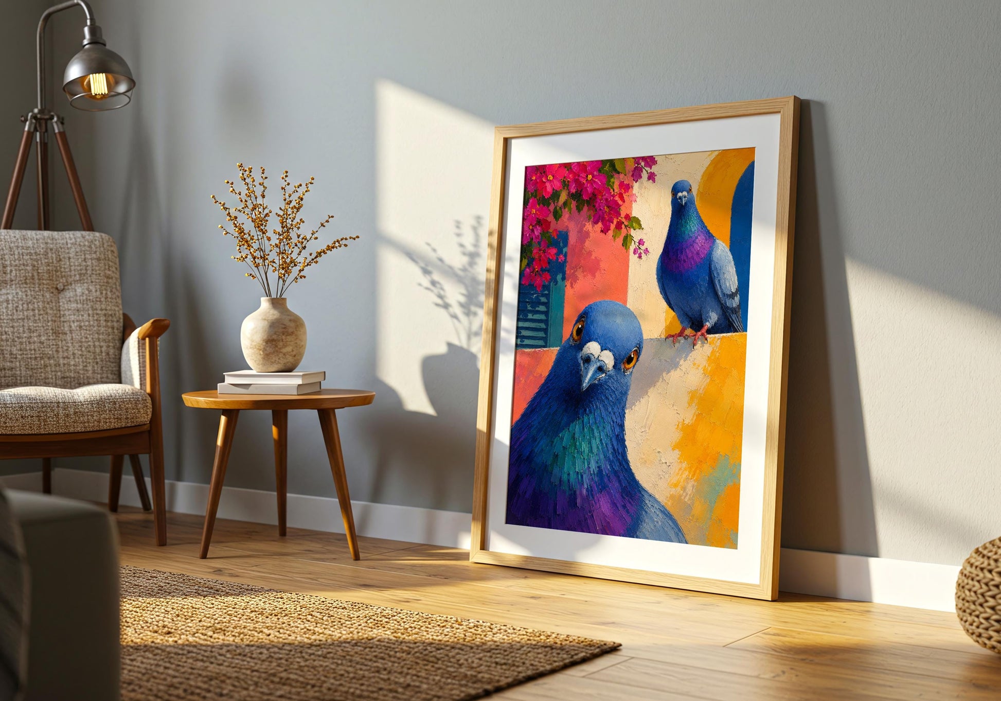 European travel-inspired bird wall art with colourful architecture and curious pigeons.