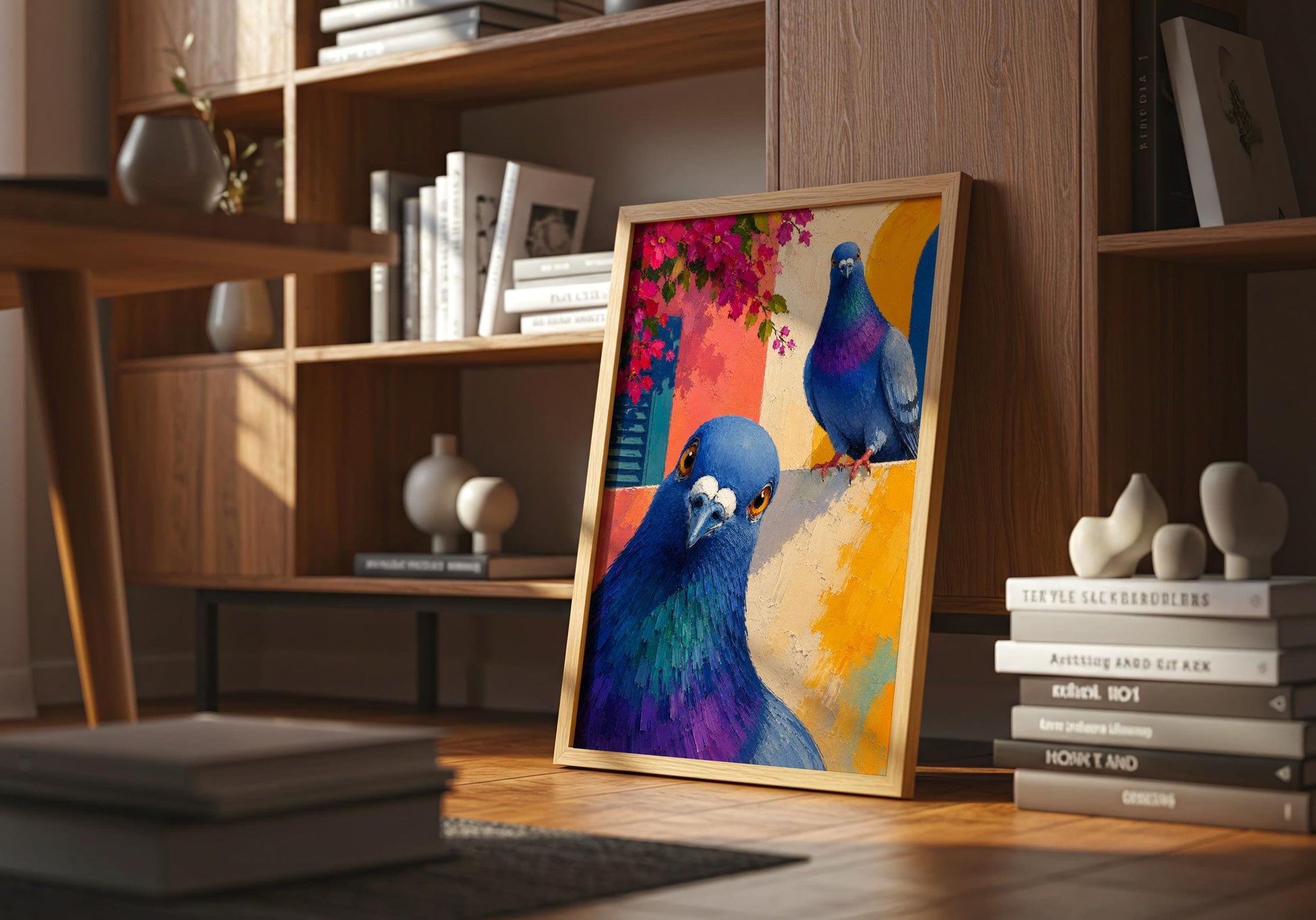Modern bird print with vibrant blue pigeons and Mediterranean architecture.