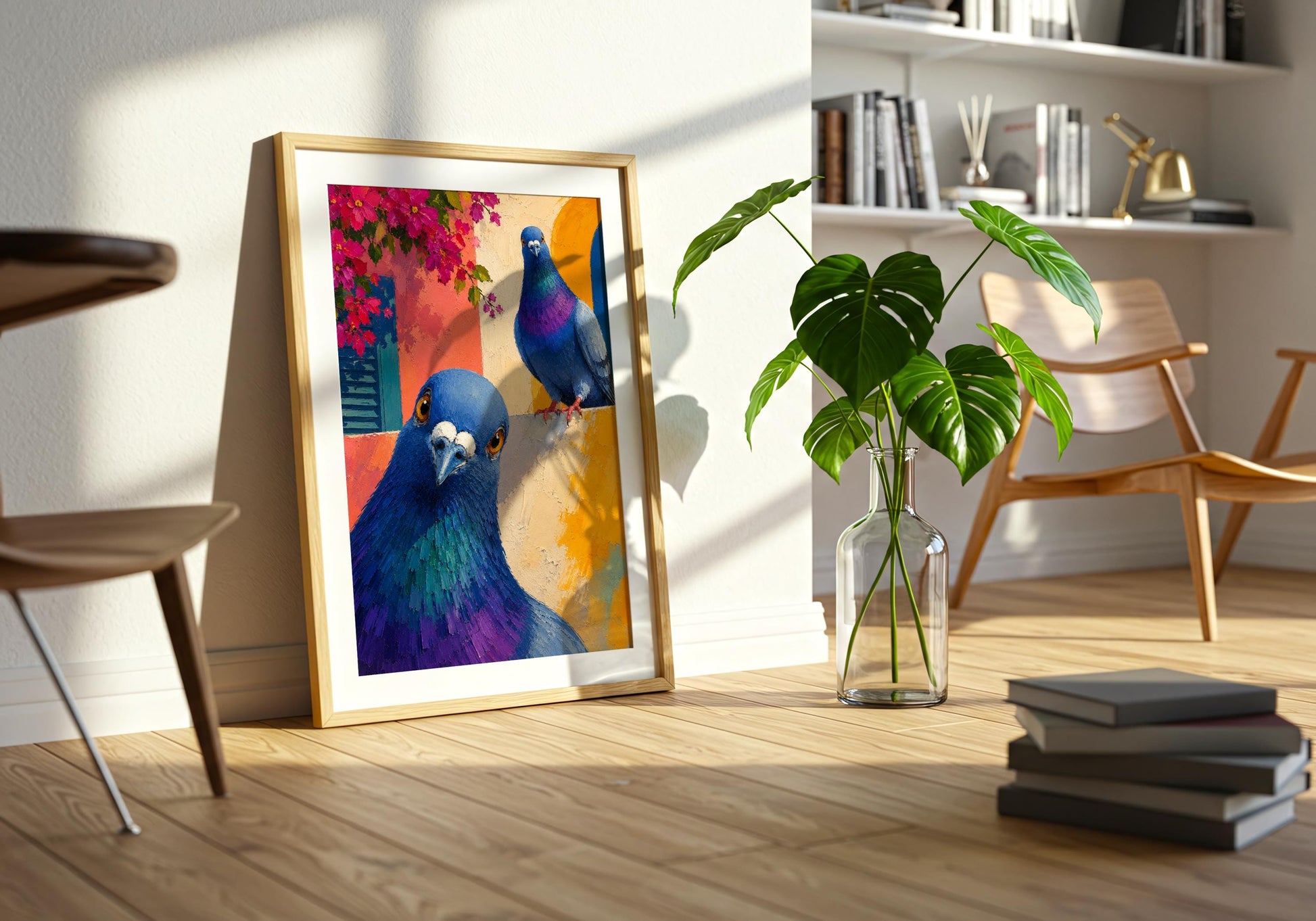 European decor print showcasing playful pigeons in a bright Mediterranean scene.