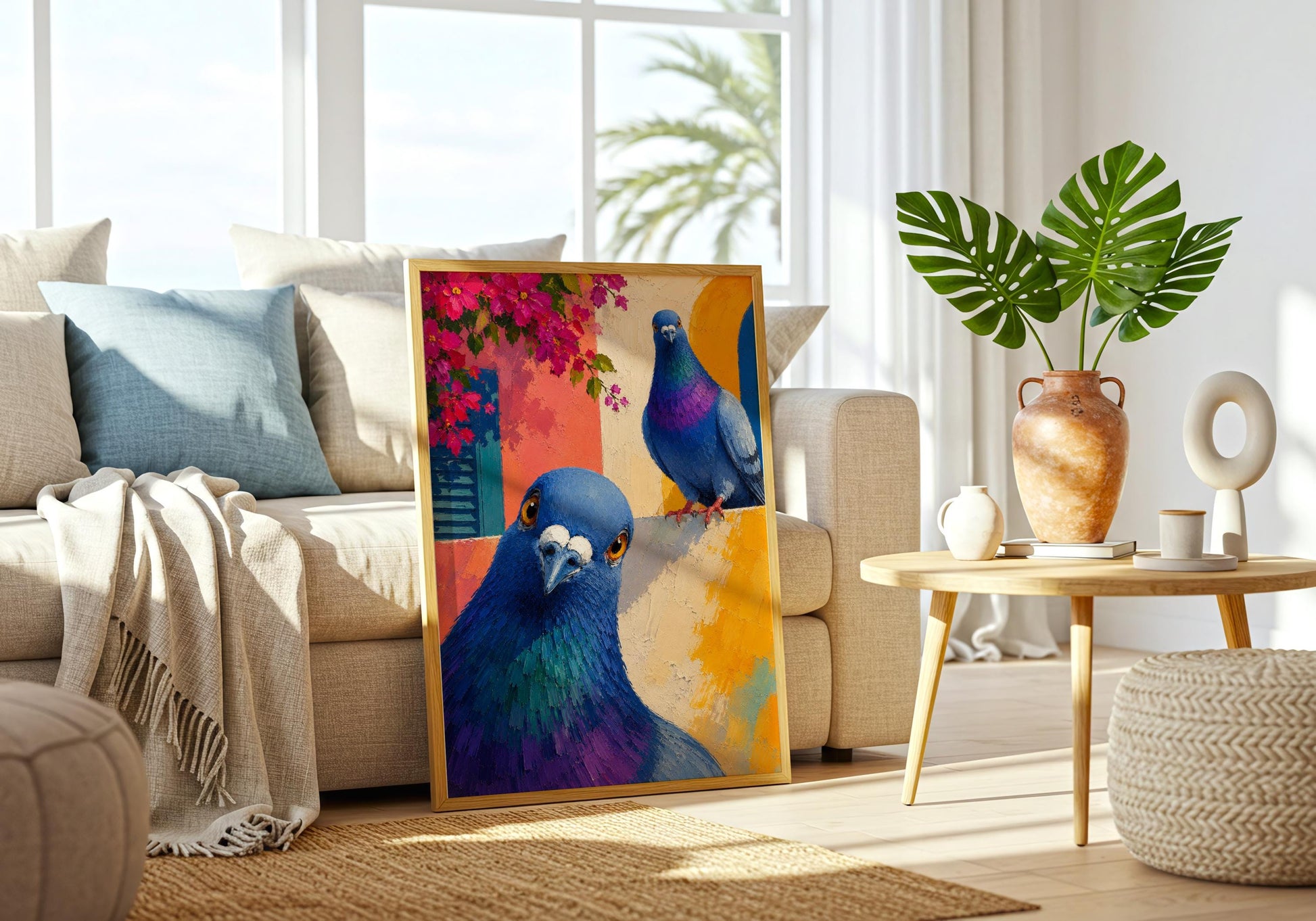 Coastal-inspired pigeon wall art featuring blooming flowers and colourful buildings.