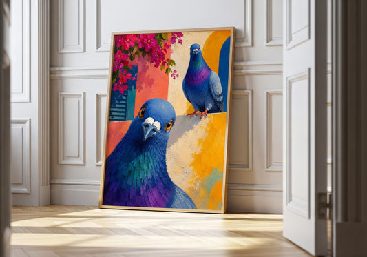 Colourful pigeon wall art featuring two pigeons against a Mediterranean village backdrop.