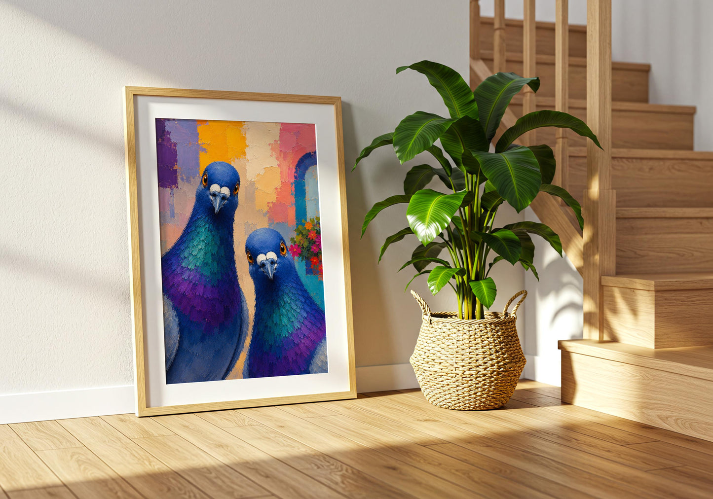 Statement pigeon artwork featuring rich jewel tones and abstract architecture.
