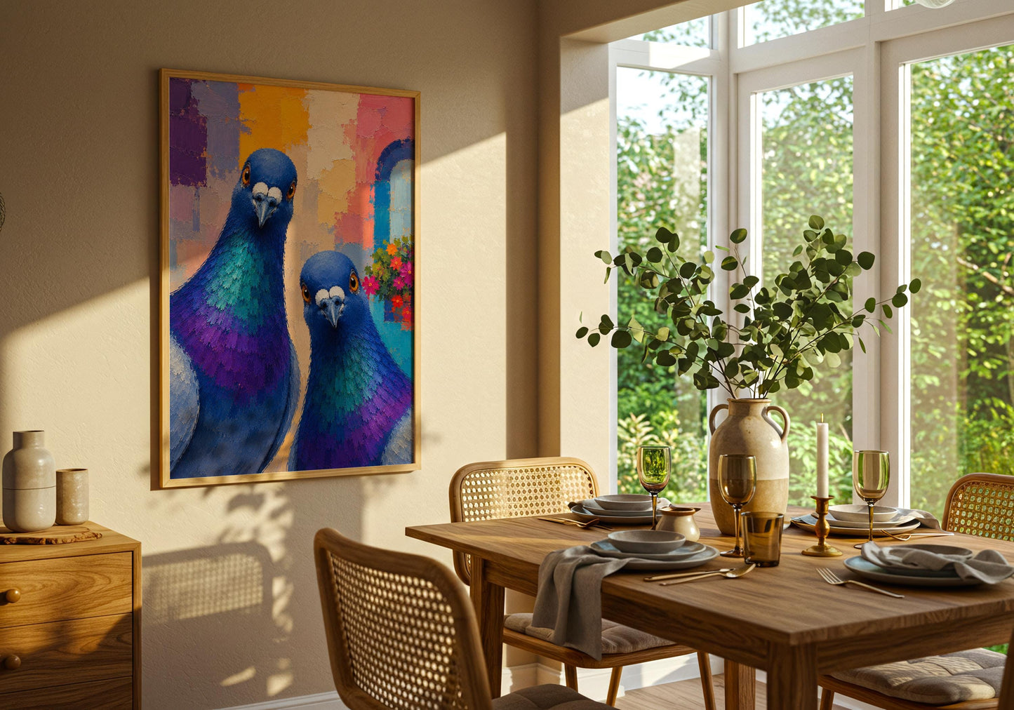 Bird lover gift featuring contemporary pigeon artwork in vibrant blue and purple tones.
