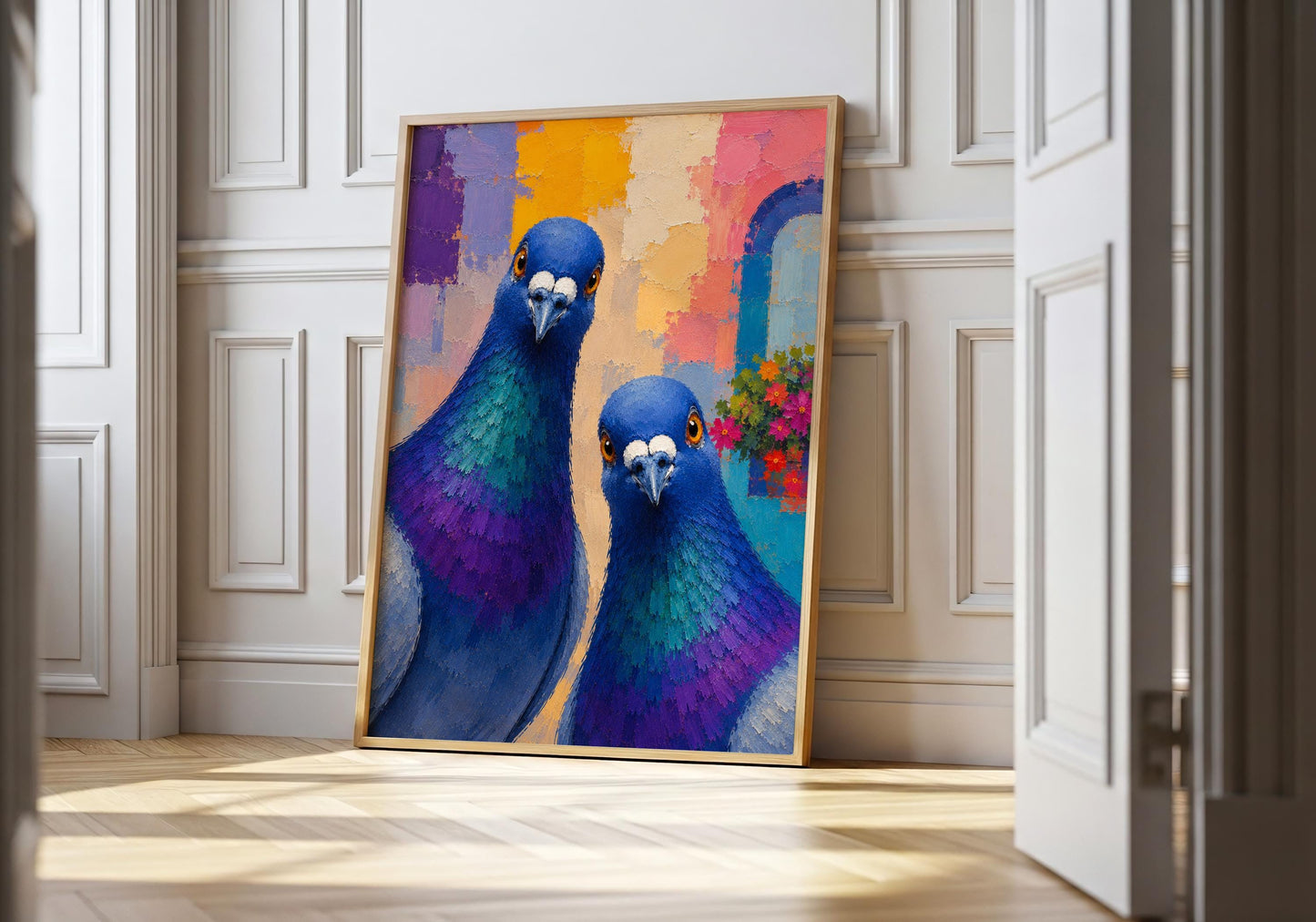 Modern pigeon wall art featuring two colourful pigeons against an abstract contemporary background.