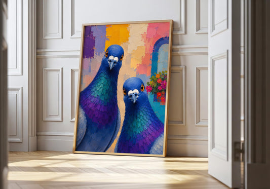 Modern pigeon wall art featuring two colourful pigeons against an abstract contemporary background.