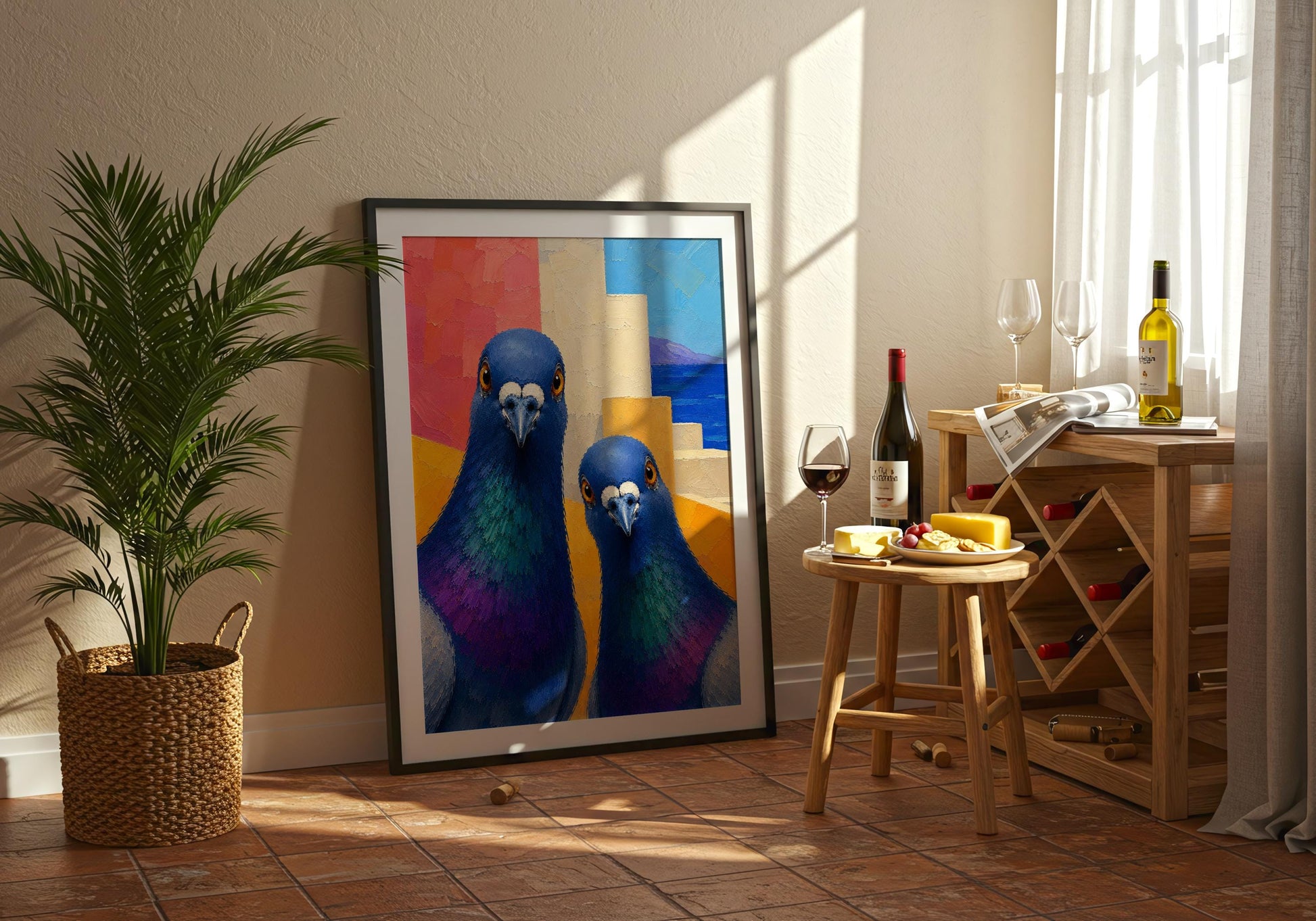Coastal bird print inspired by Santorini with white buildings and sea views.