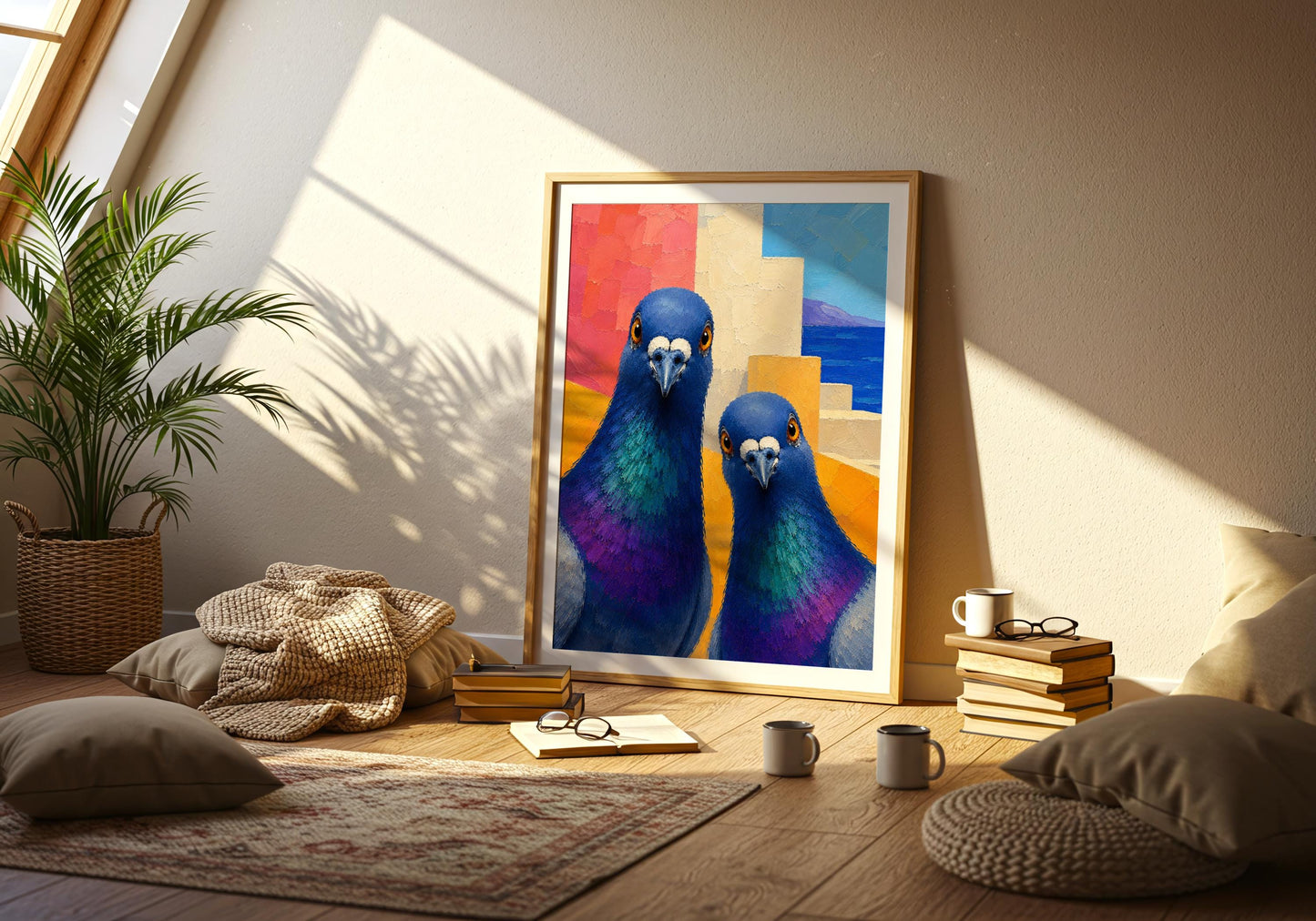 Mediterranean pigeon artwork for colourful living room and holiday home decor.