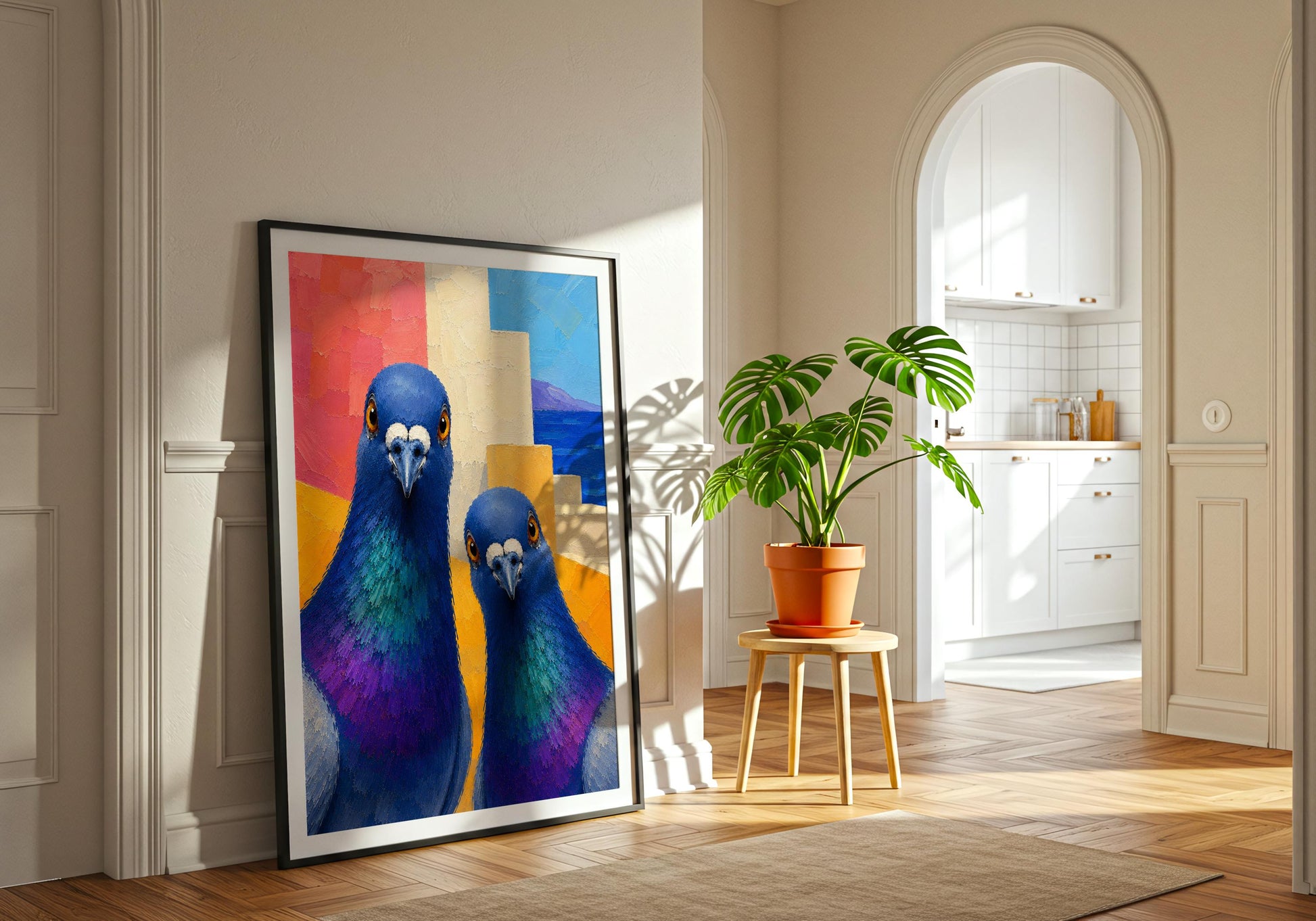 Travel-inspired bird artwork perfect for gallery walls and beach house interiors.