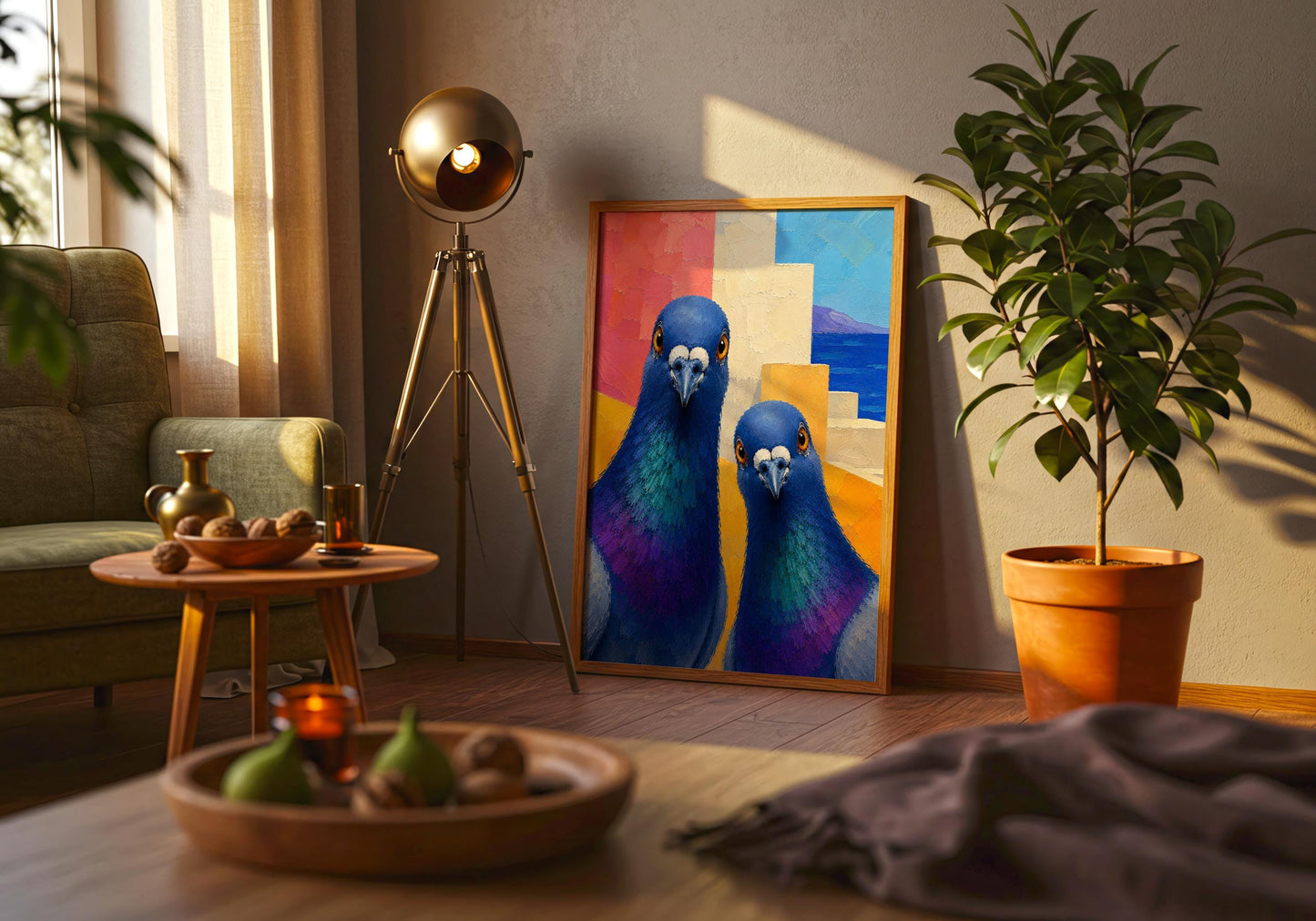 Colourful pigeon poster celebrating Greek island charm and seaside living.