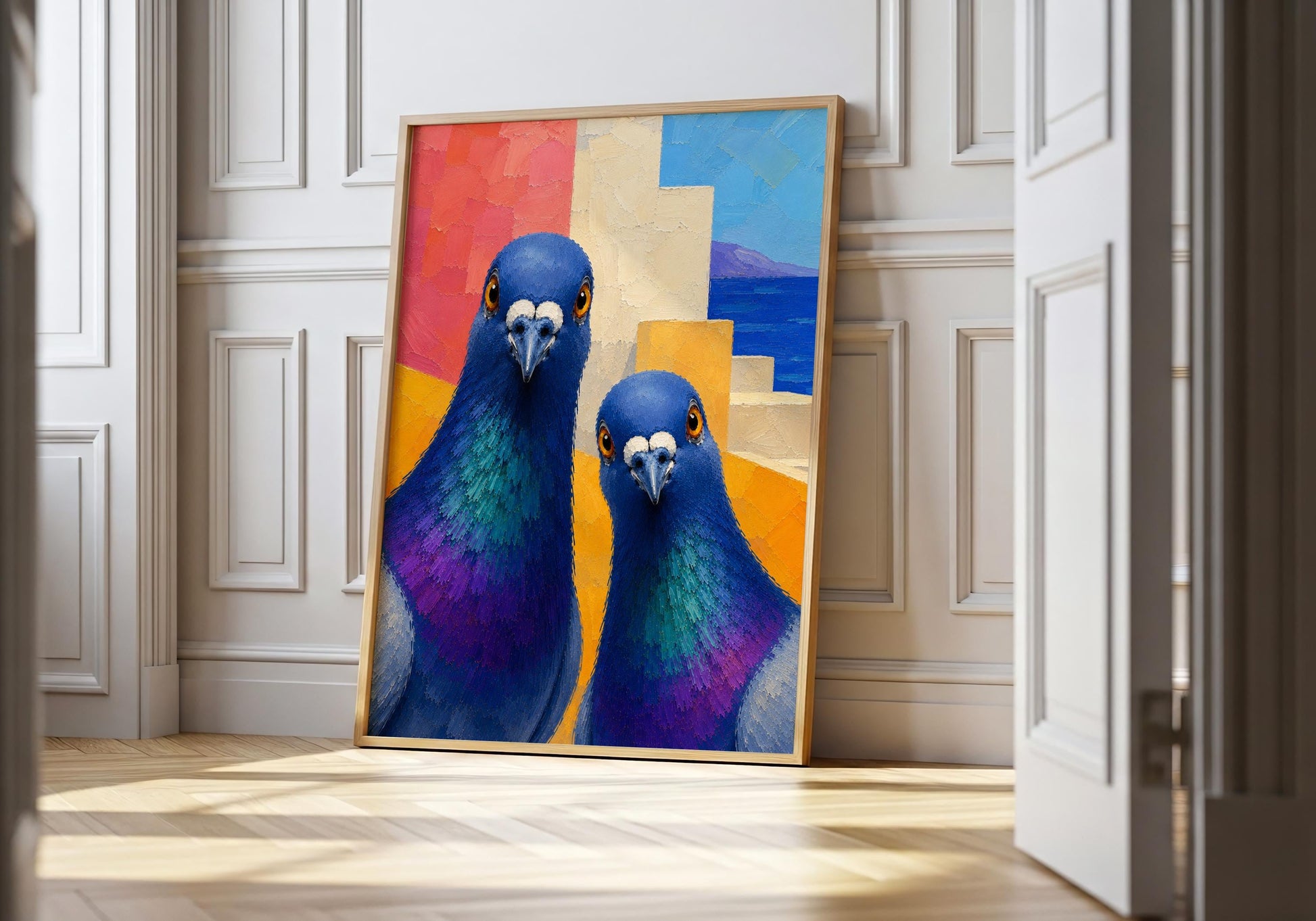 Pigeon wall art featuring two colourful pigeons in a Santorini-inspired coastal setting.
