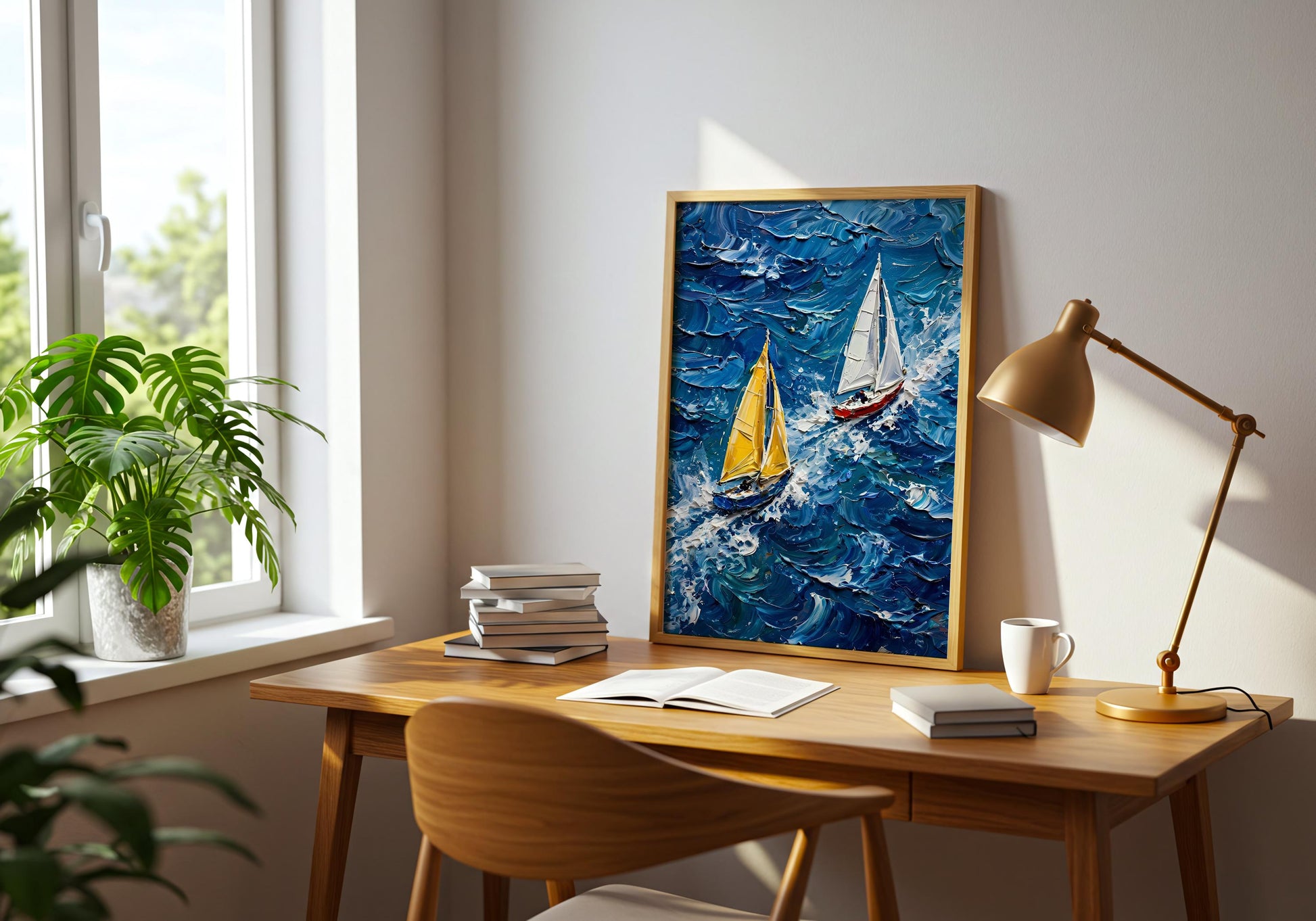 Regatta Wall Art Print - Textured Ocean Painting, Yacht Racing Artwork, Maritime Canvas Style, Blue Fine Art Poster